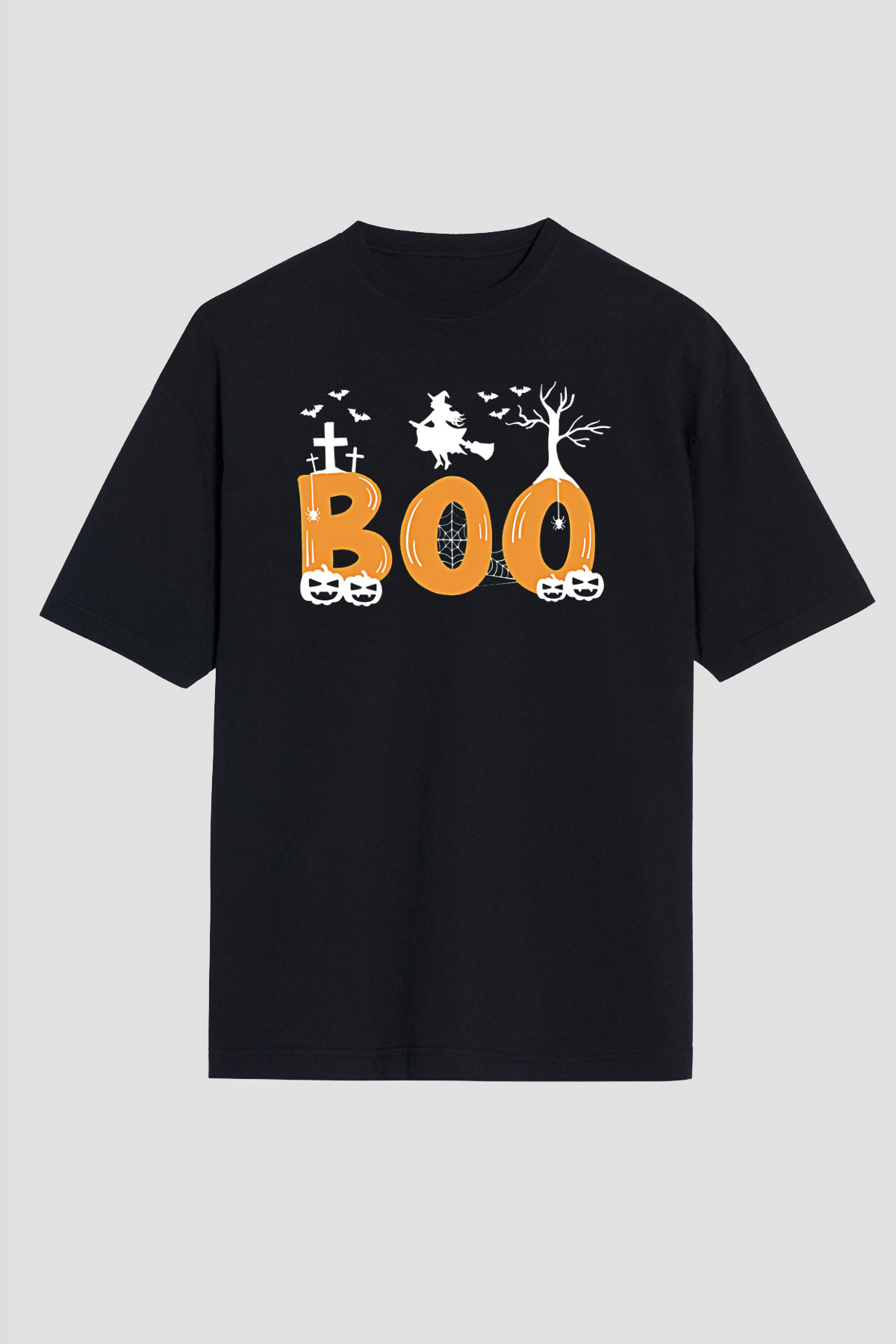 Halloween Baskılı Unisex Siyah Oversize Tişört - Tshirt