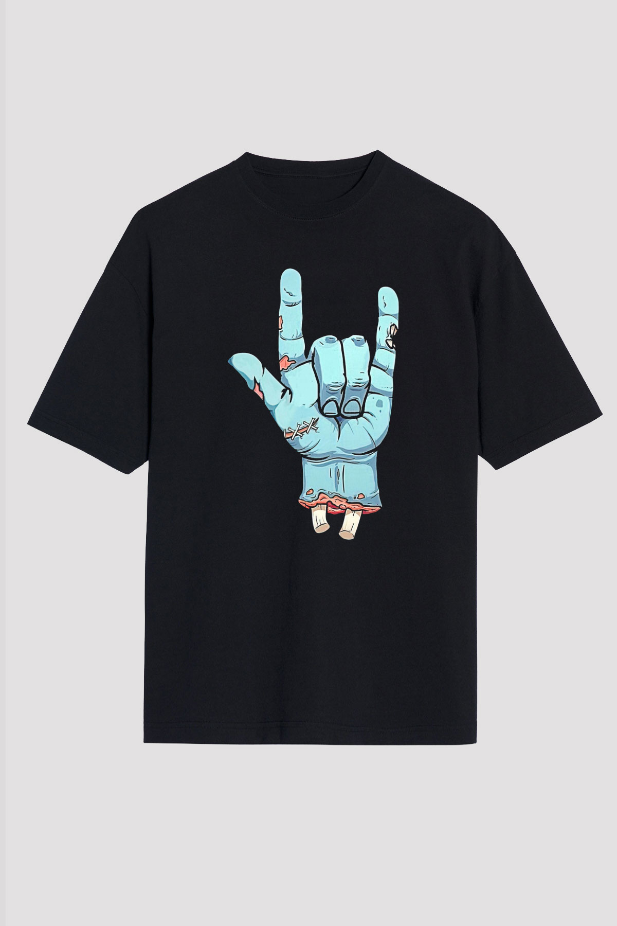 Halloween Baskılı Unisex Siyah Oversize Tişört - Tshirt