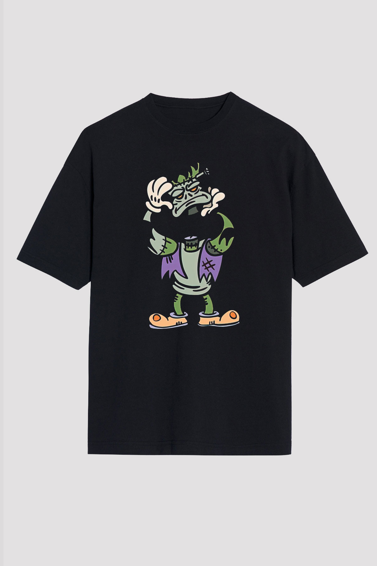 Halloween Baskılı Unisex Siyah Oversize Tişört - Tshirt