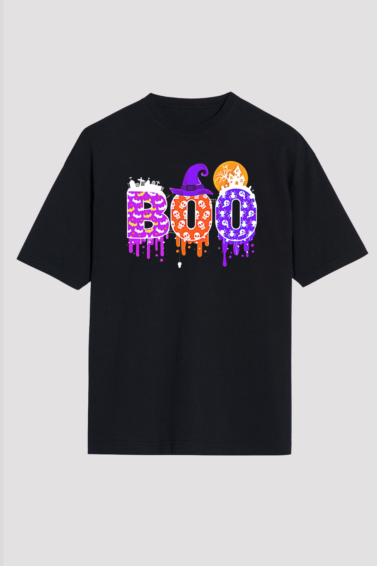 Halloween Baskılı Unisex Siyah Oversize Tişört - Tshirt