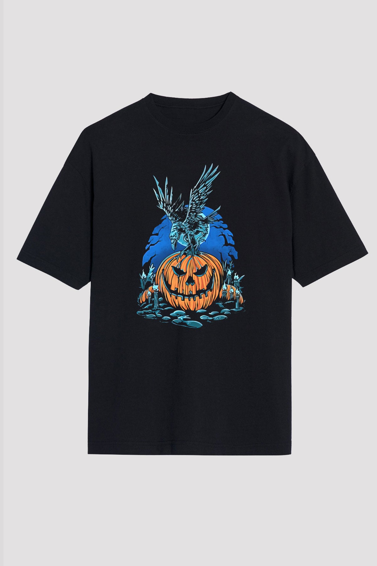 Halloween Baskılı Unisex Siyah Oversize Tişört - Tshirt