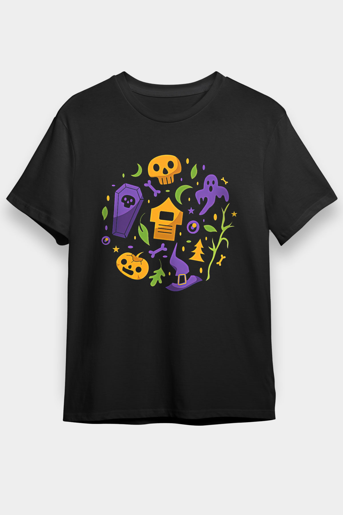 Halloween Baskılı Unisex Siyah Tişört - Tshirt