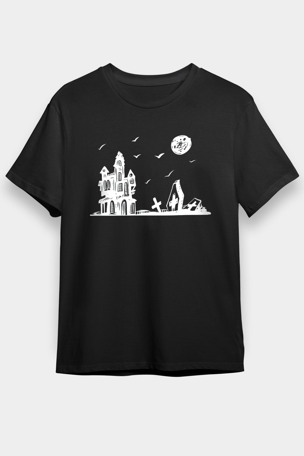 Halloween Baskılı Unisex Siyah Tişört - Tshirt