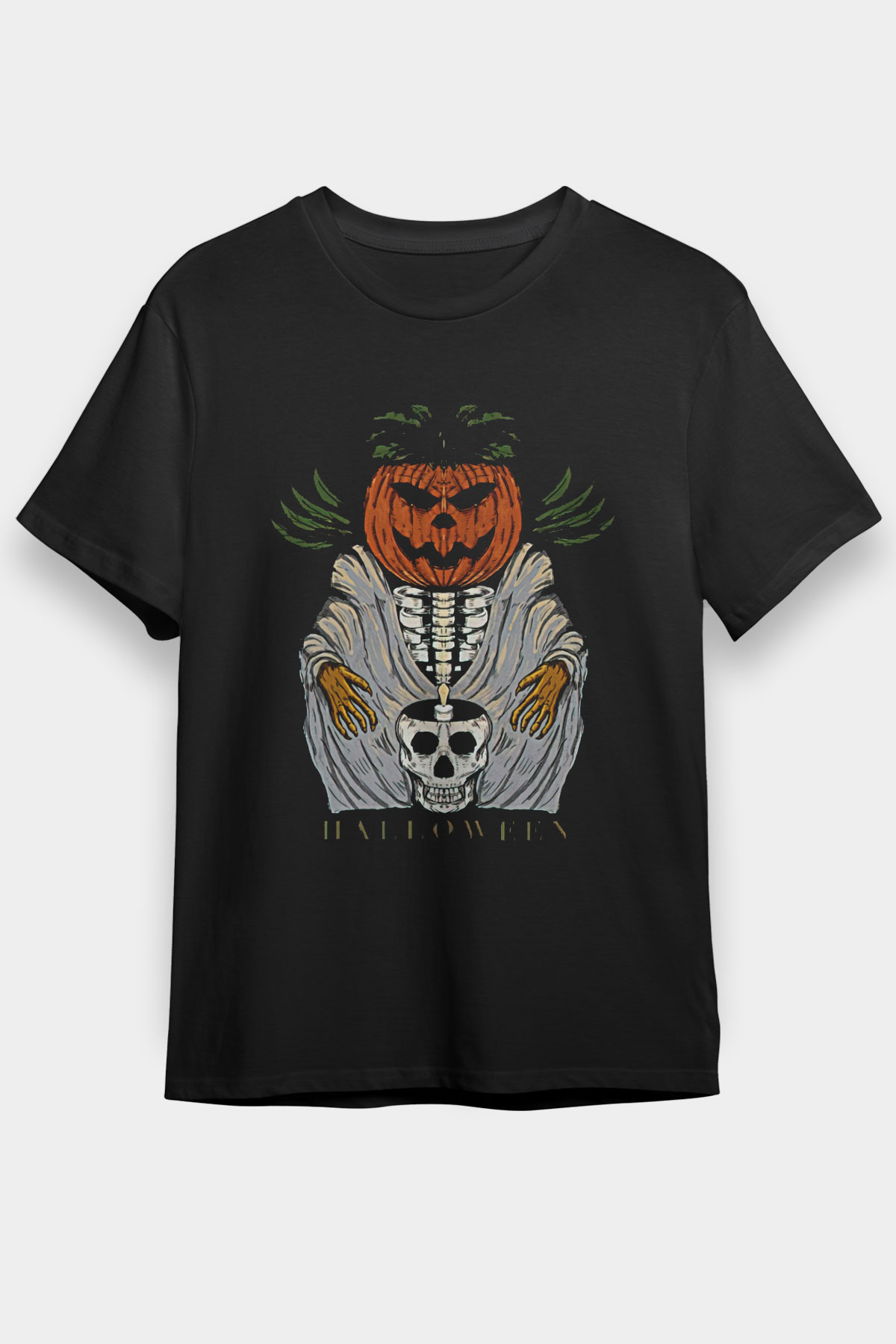 Halloween Baskılı Unisex Siyah Tişört - Tshirt