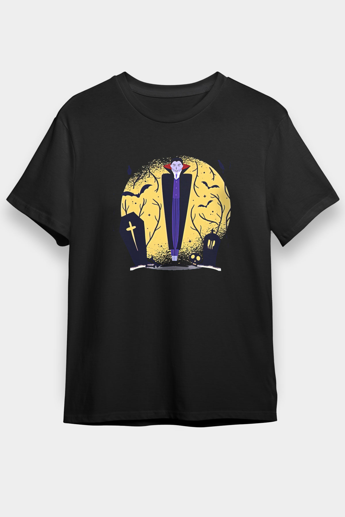 Halloween Baskılı Unisex Siyah Tişört - Tshirt