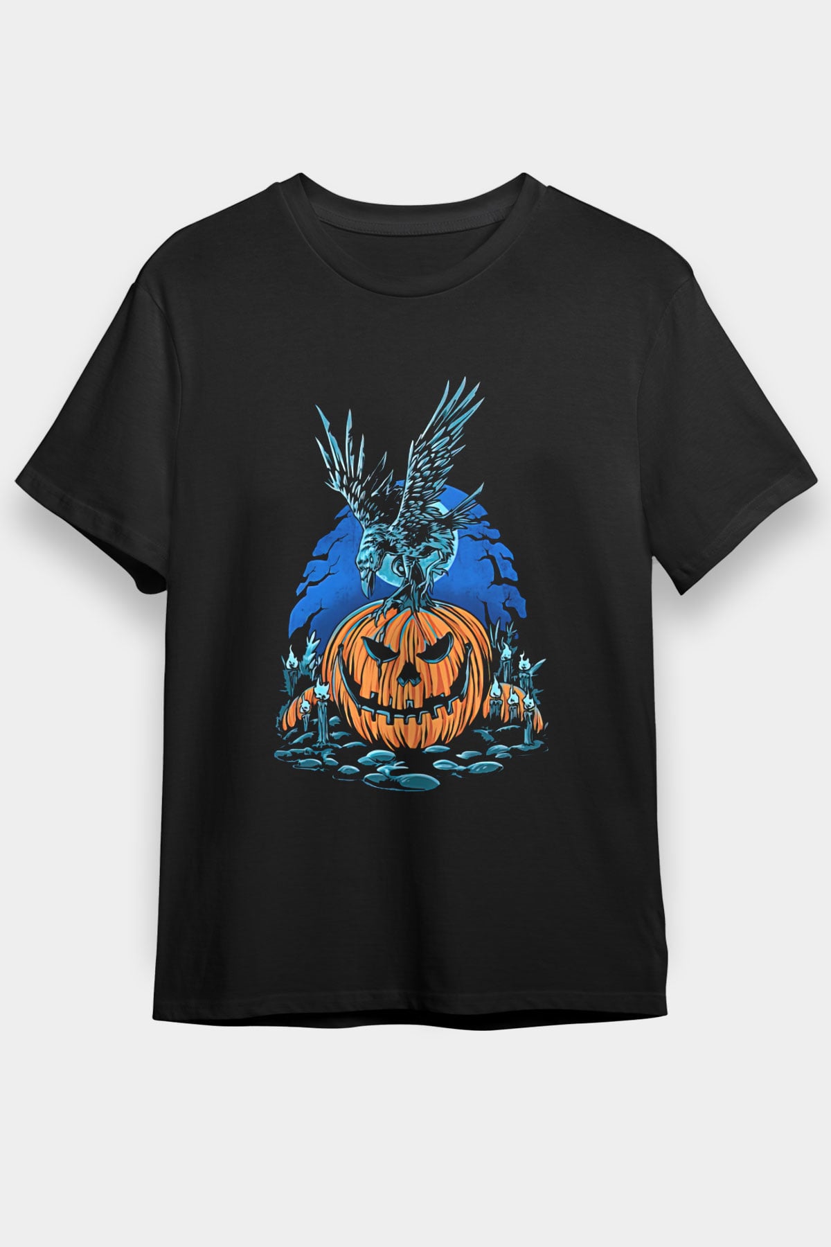 Halloween Baskılı Unisex Siyah Tişört - Tshirt
