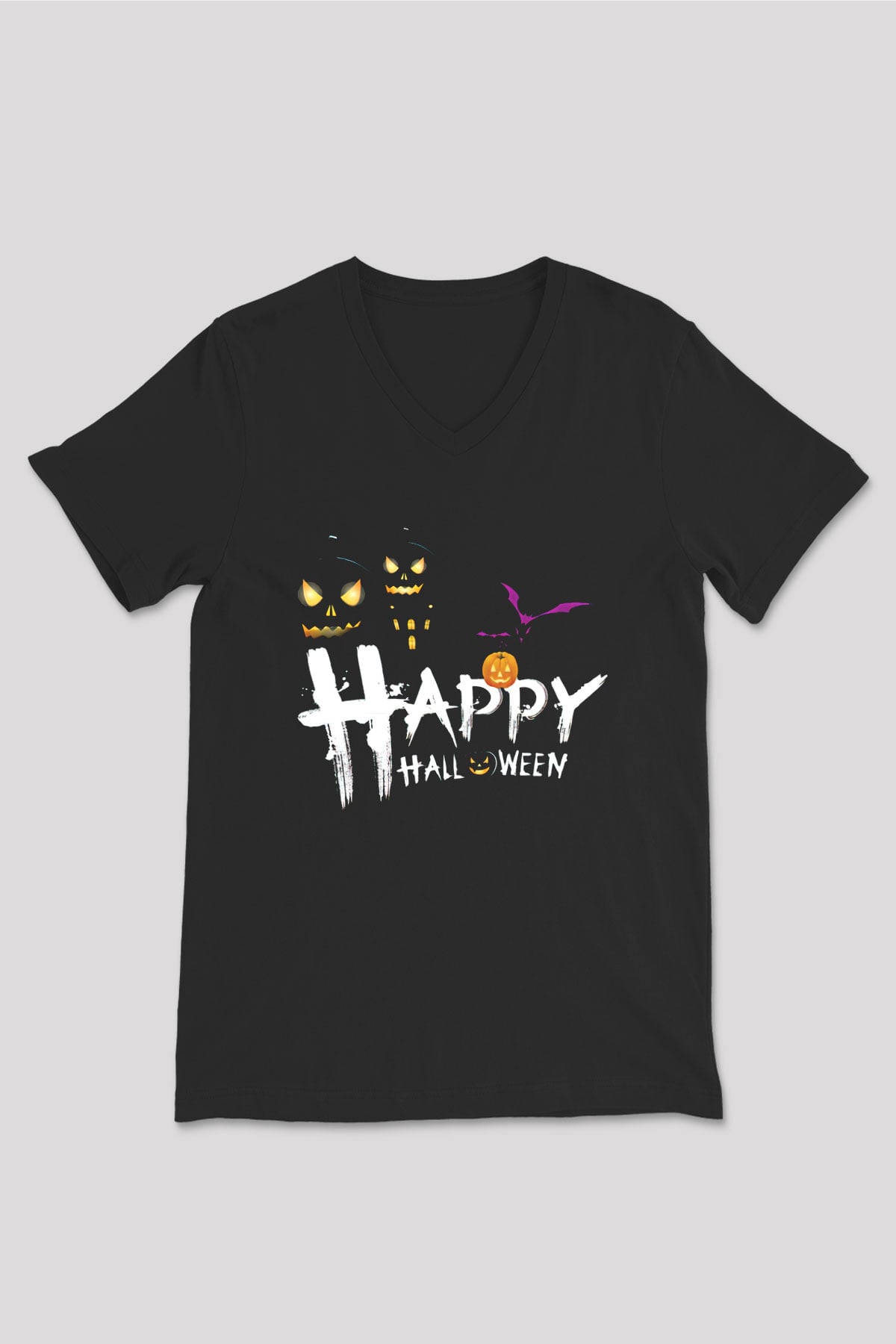 Halloween Baskılı Unisex Siyah V Yaka Tişört - Tshirt