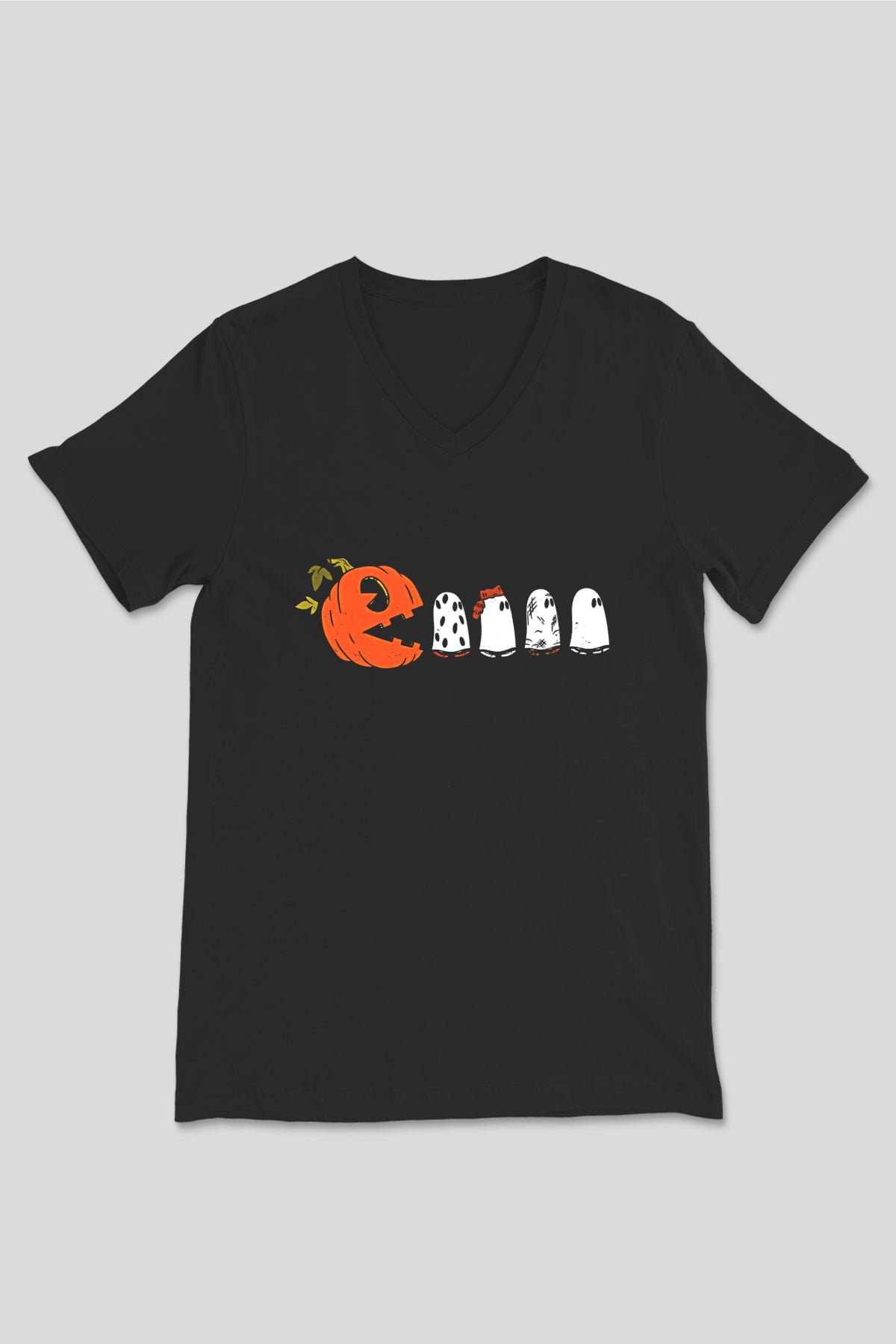 Halloween Baskılı Unisex Siyah V Yaka Tişört - Tshirt
