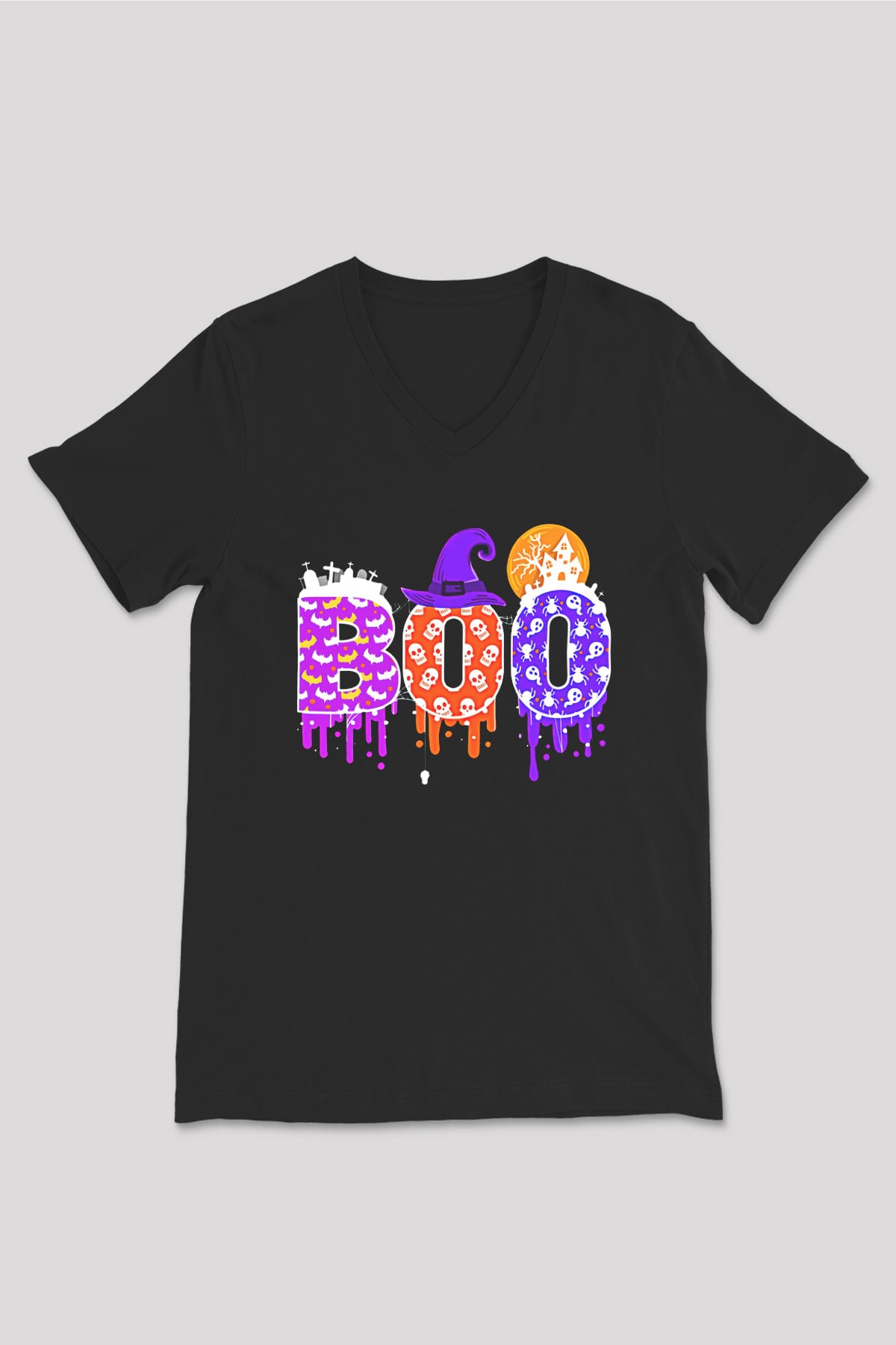 Halloween Baskılı Unisex Siyah V Yaka Tişört - Tshirt
