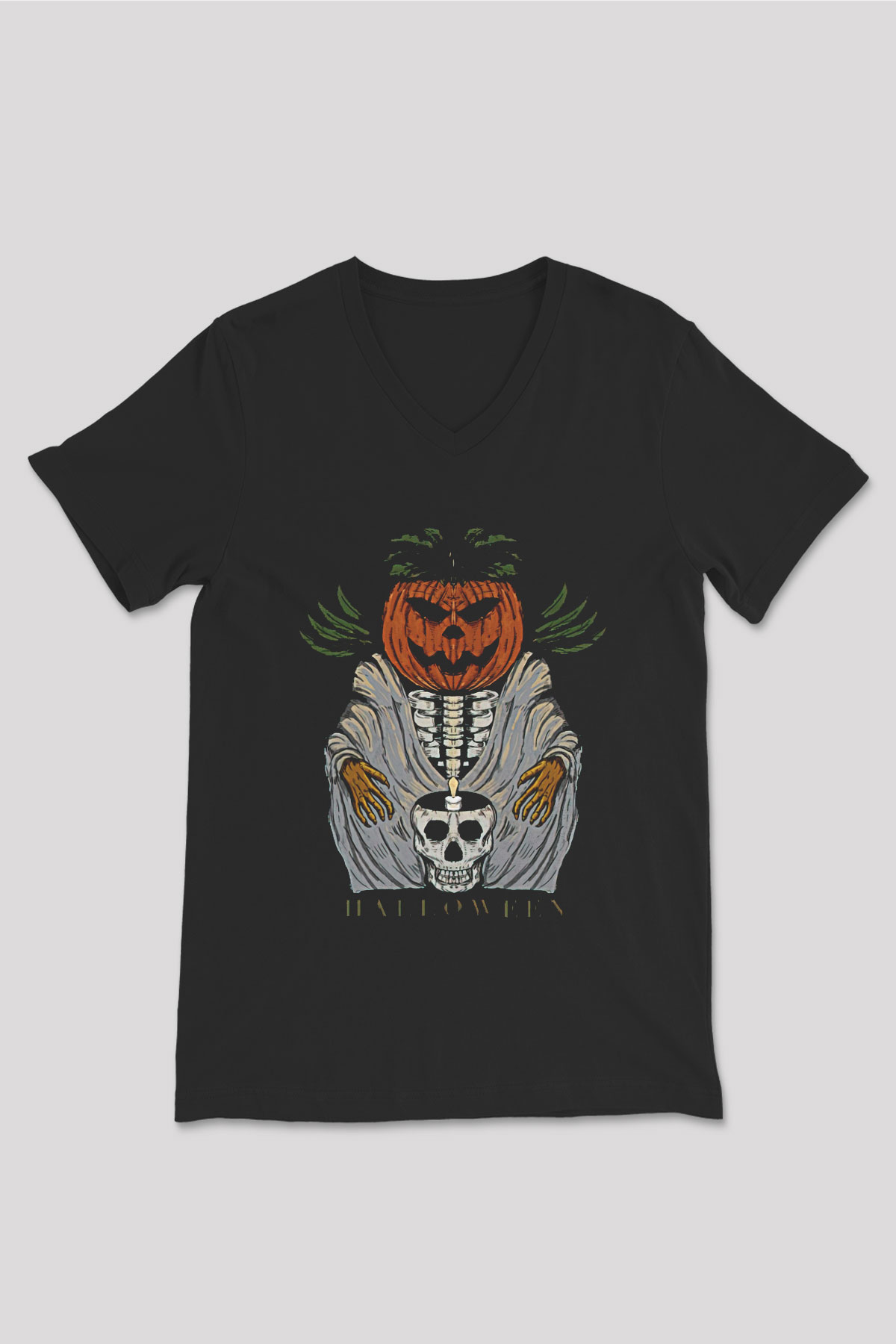Halloween Baskılı Unisex Siyah V Yaka Tişört - Tshirt