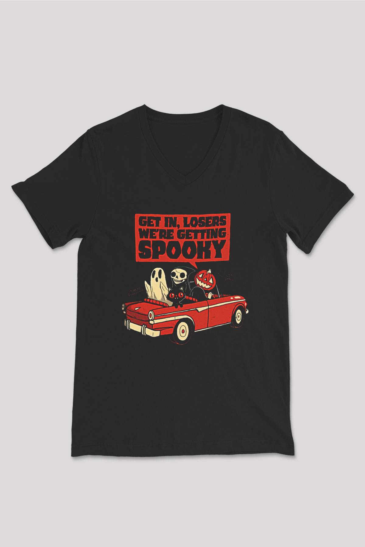 Halloween Baskılı Unisex Siyah V Yaka Tişört - Tshirt