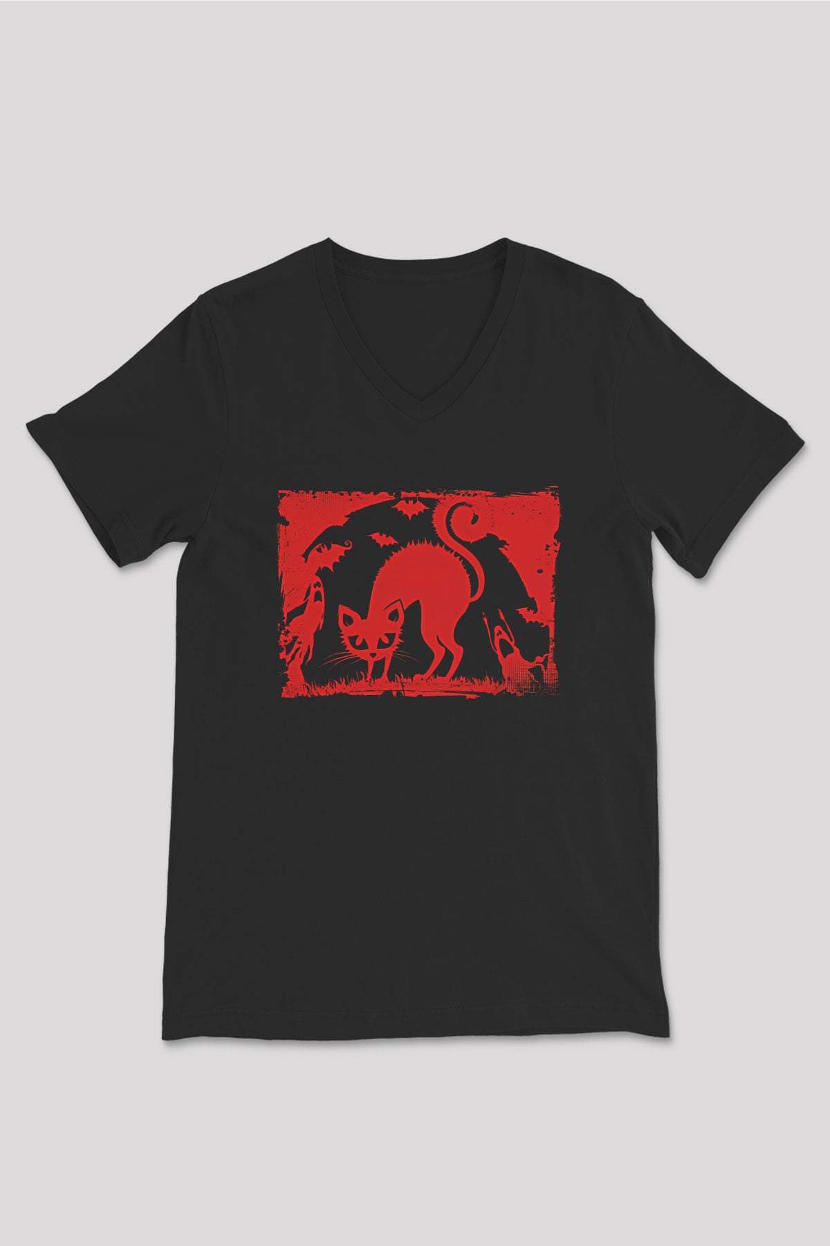 Halloween Baskılı Unisex Siyah V Yaka Tişört - Tshirt