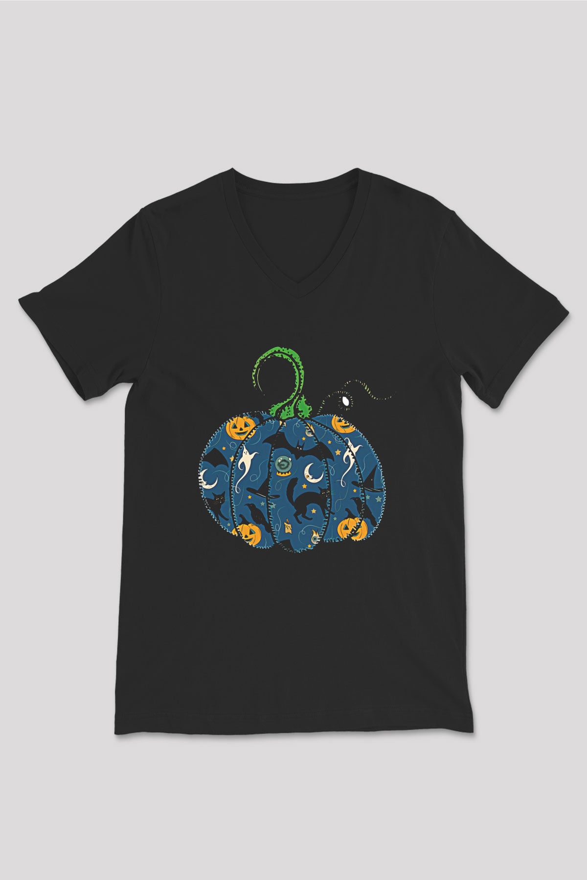 Halloween Baskılı Unisex Siyah V Yaka Tişört - Tshirt