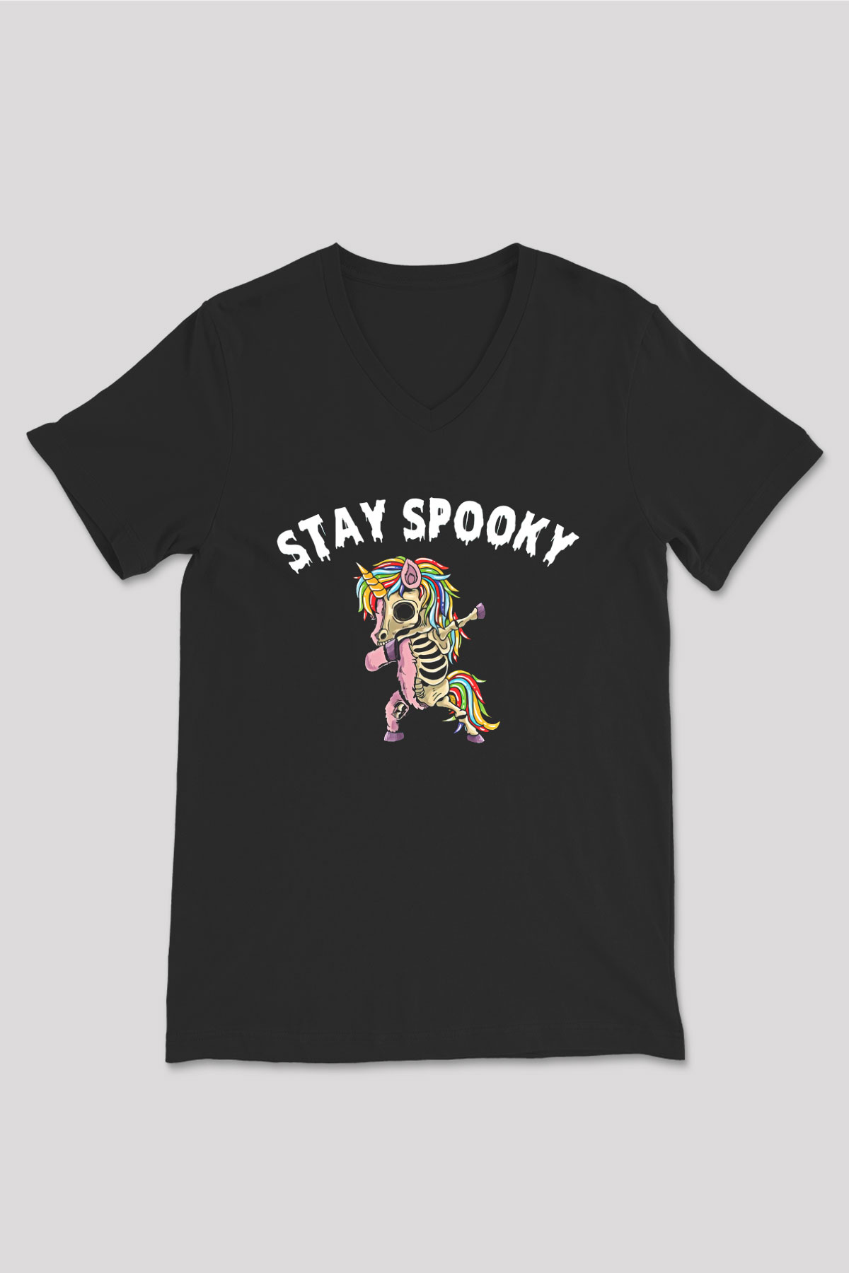 Halloween Baskılı Unisex Siyah V Yaka Tişört - Tshirt