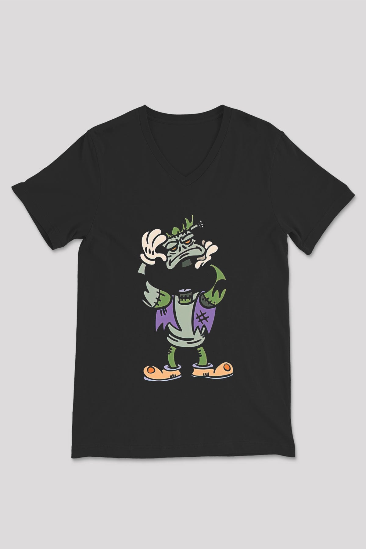 Halloween Baskılı Unisex Siyah V Yaka Tişört - Tshirt