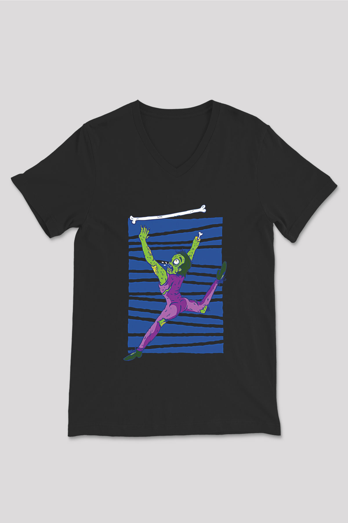 Halloween Baskılı Unisex Siyah V Yaka Tişört - Tshirt