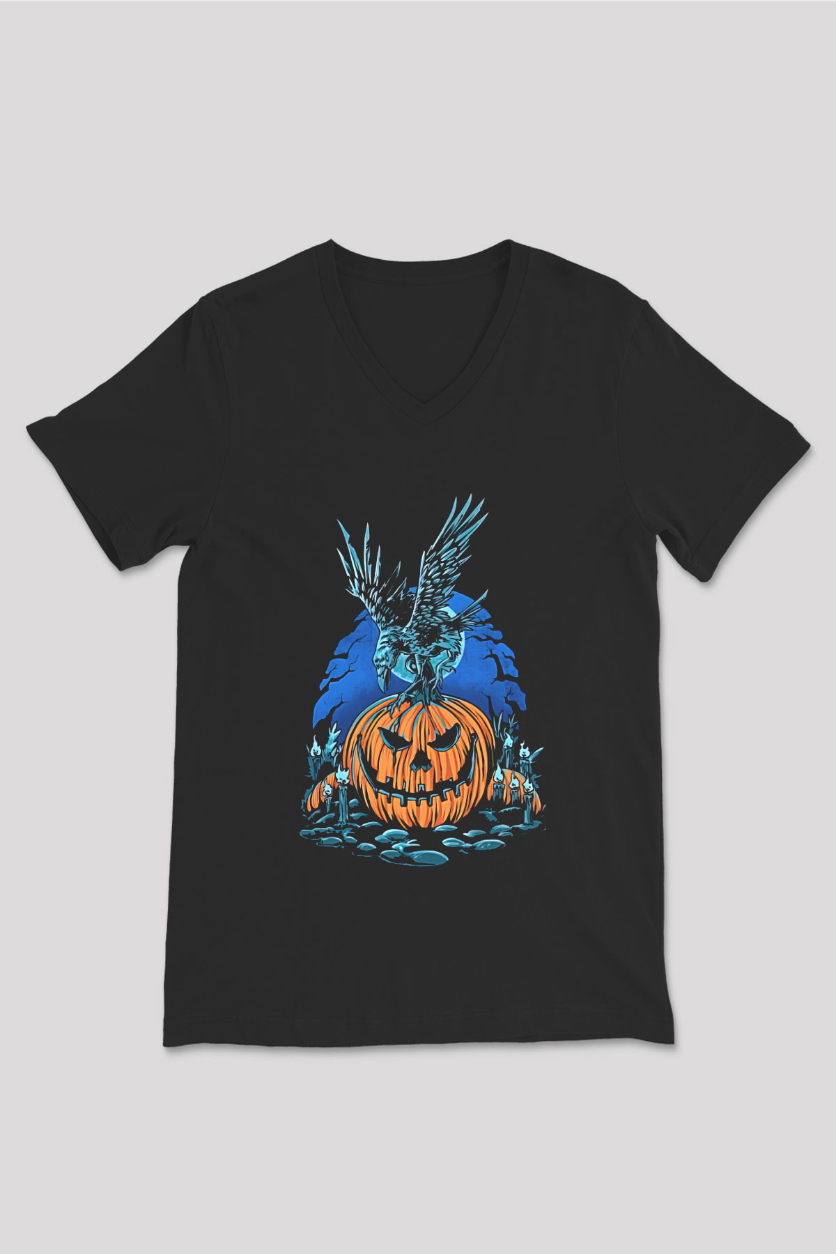 Halloween Baskılı Unisex Siyah V Yaka Tişört - Tshirt