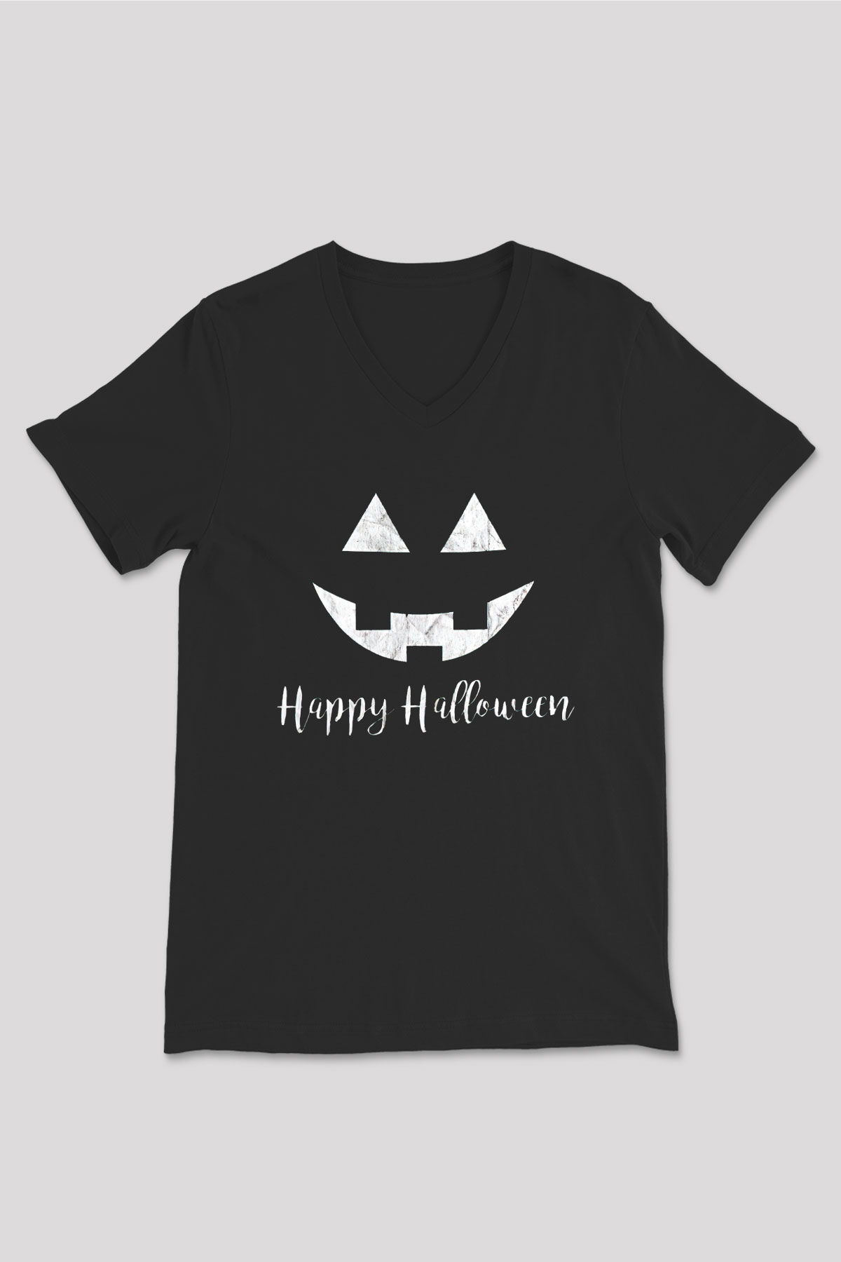 Halloween Baskılı Unisex Siyah V Yaka Tişört - Tshirt