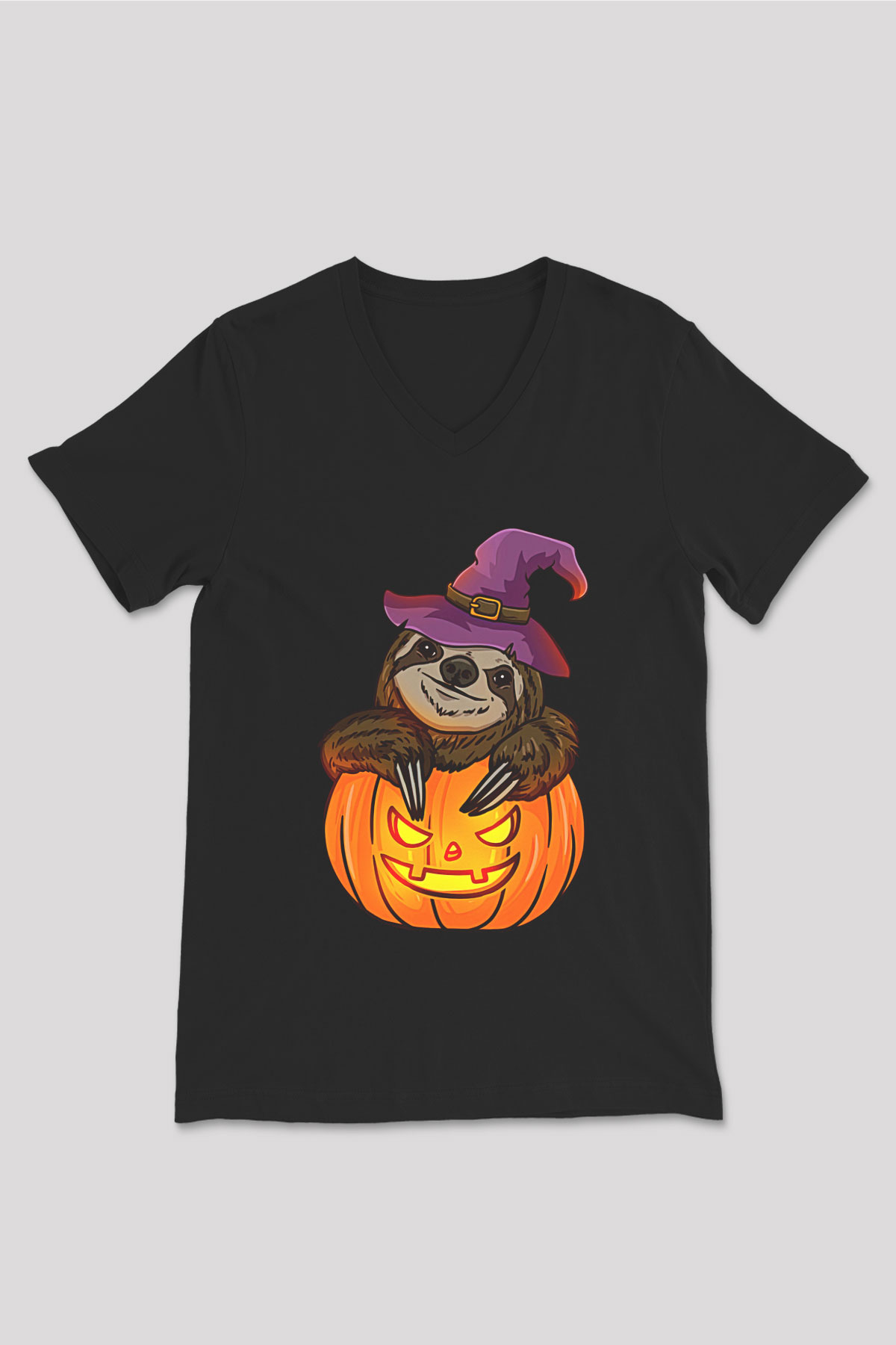 Halloween Baskılı Unisex Siyah V Yaka Tişört - Tshirt