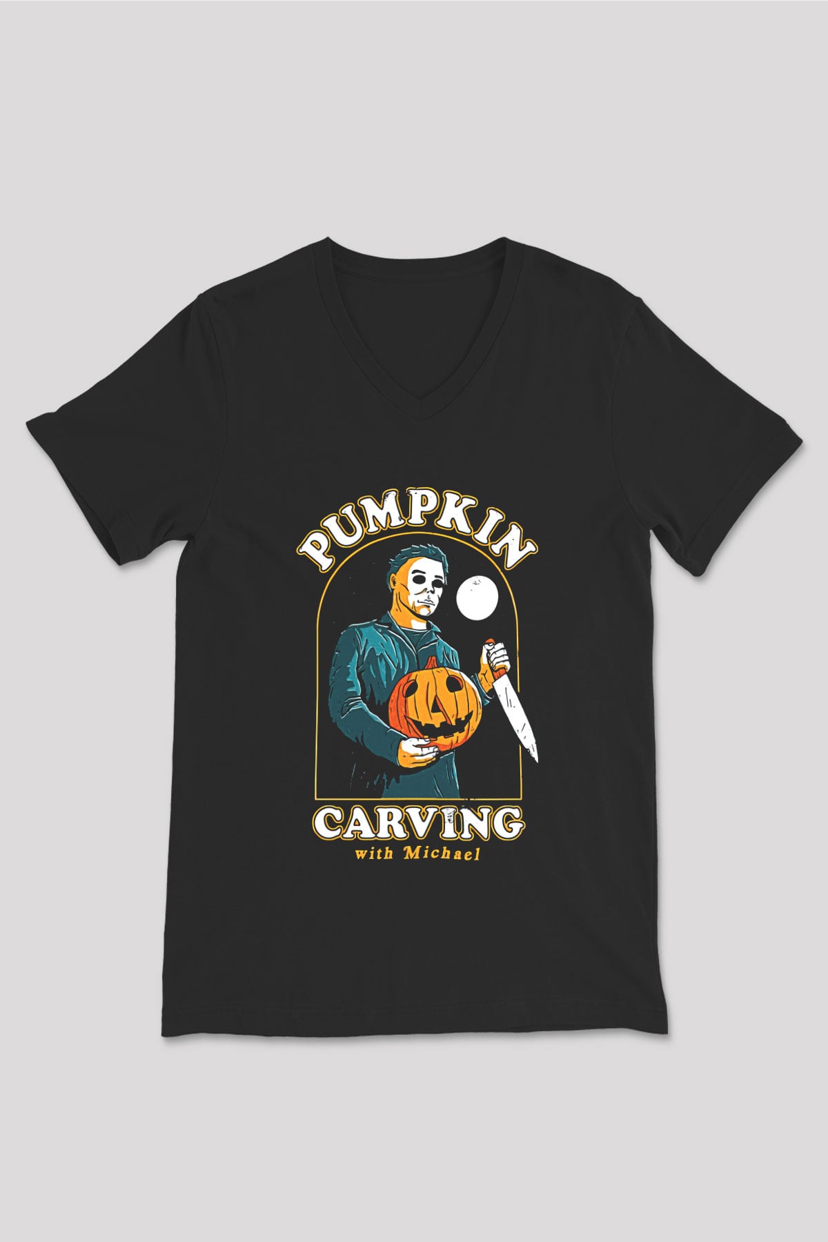 Halloween Baskılı Unisex Siyah V Yaka Tişört - Tshirt