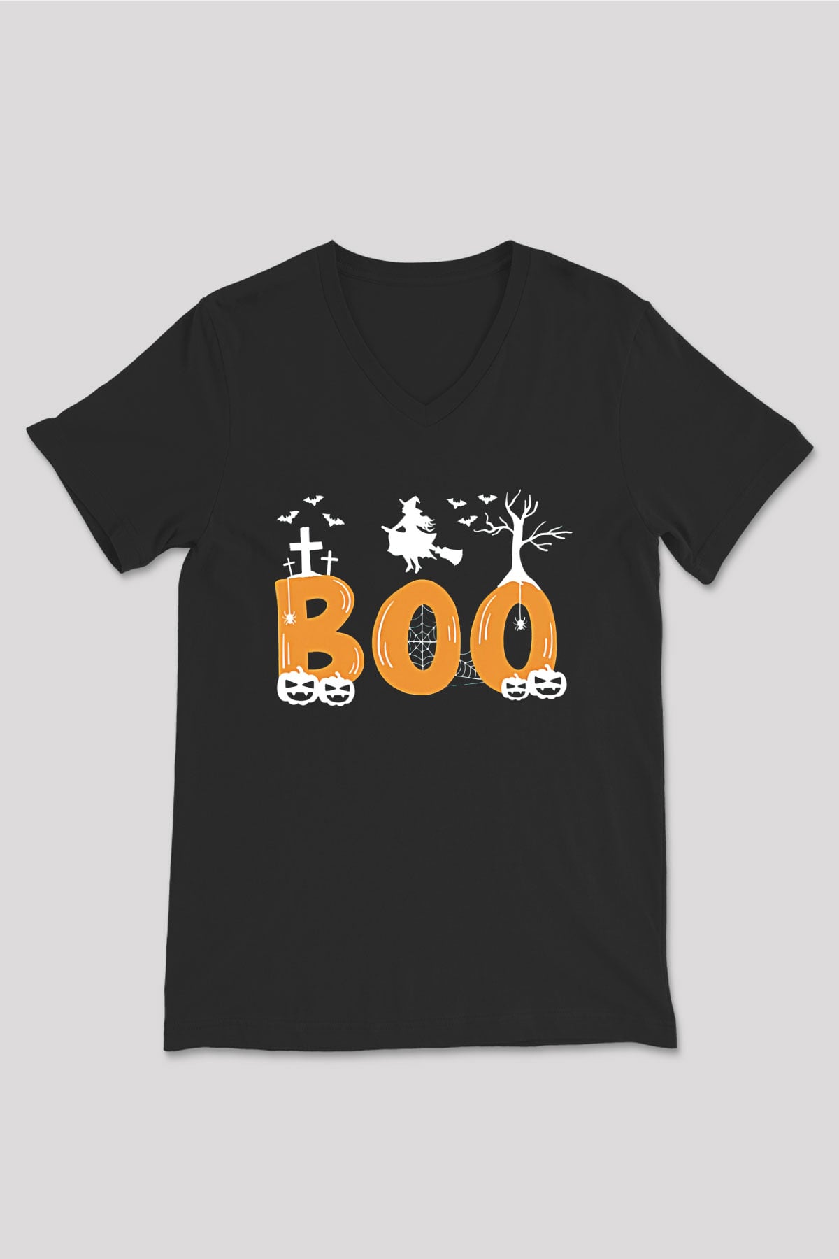 Halloween Baskılı Unisex Siyah V Yaka Tişört - Tshirt