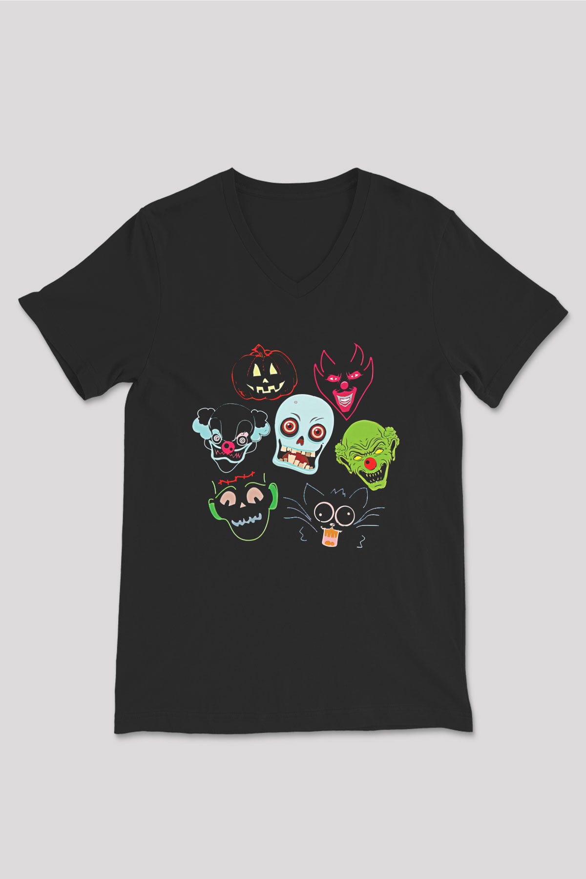 Halloween Baskılı Unisex Siyah V Yaka Tişört - Tshirt