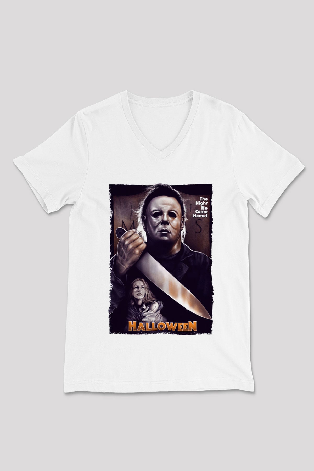 Halloween Beyaz Unisex V Yaka Tişört