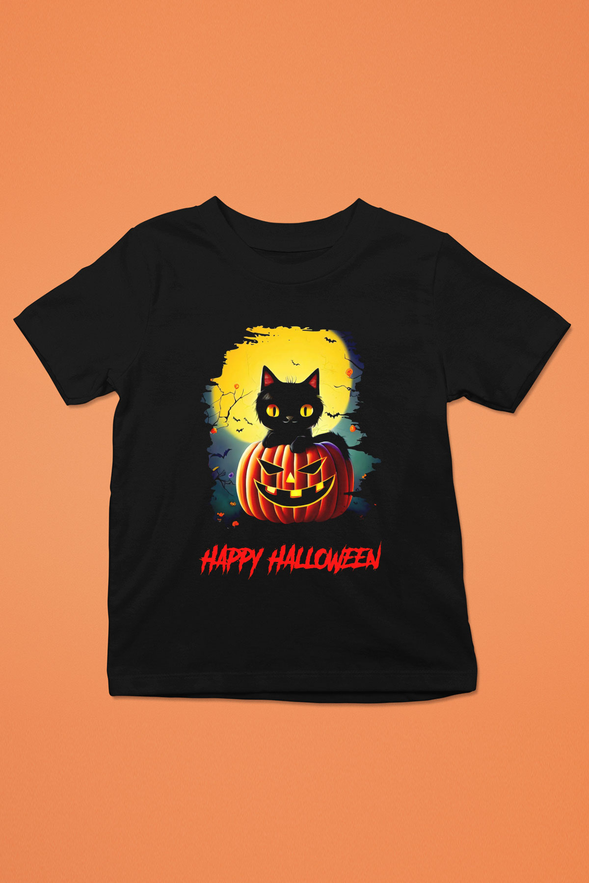 Halloween Kedicik Baskılı Unisex Siyah  Çocuk Tişört