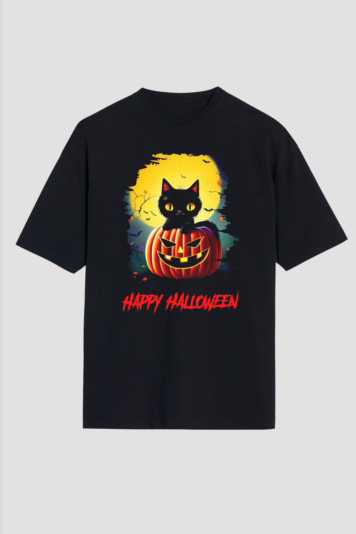 Halloween Kedicik Baskılı Unisex Siyah Tişört