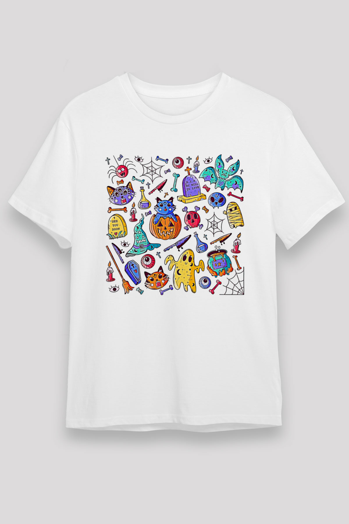 Halloween Unisex Baskılı Beyaz Tişört - Tshirt