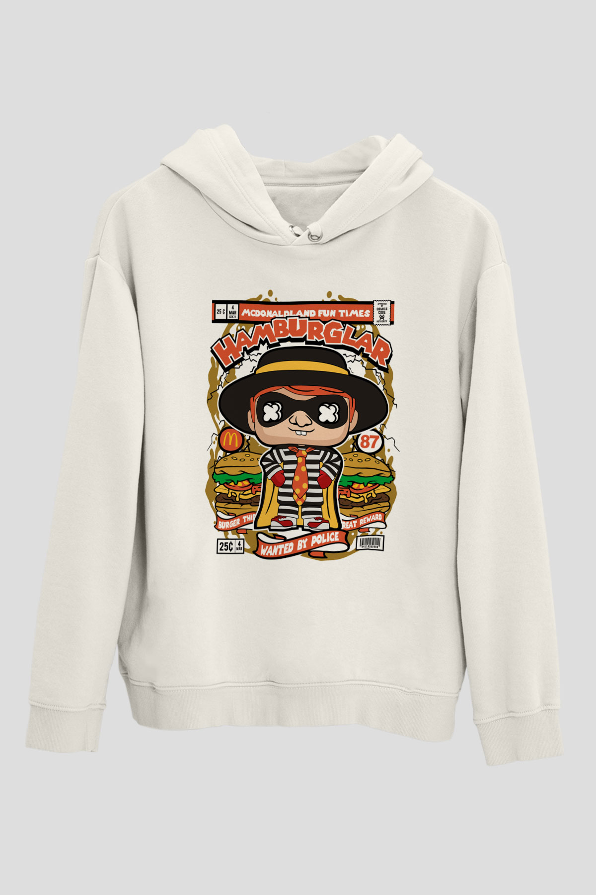 Hamburger Hırsızı Baskılı Beyaz Hoodie