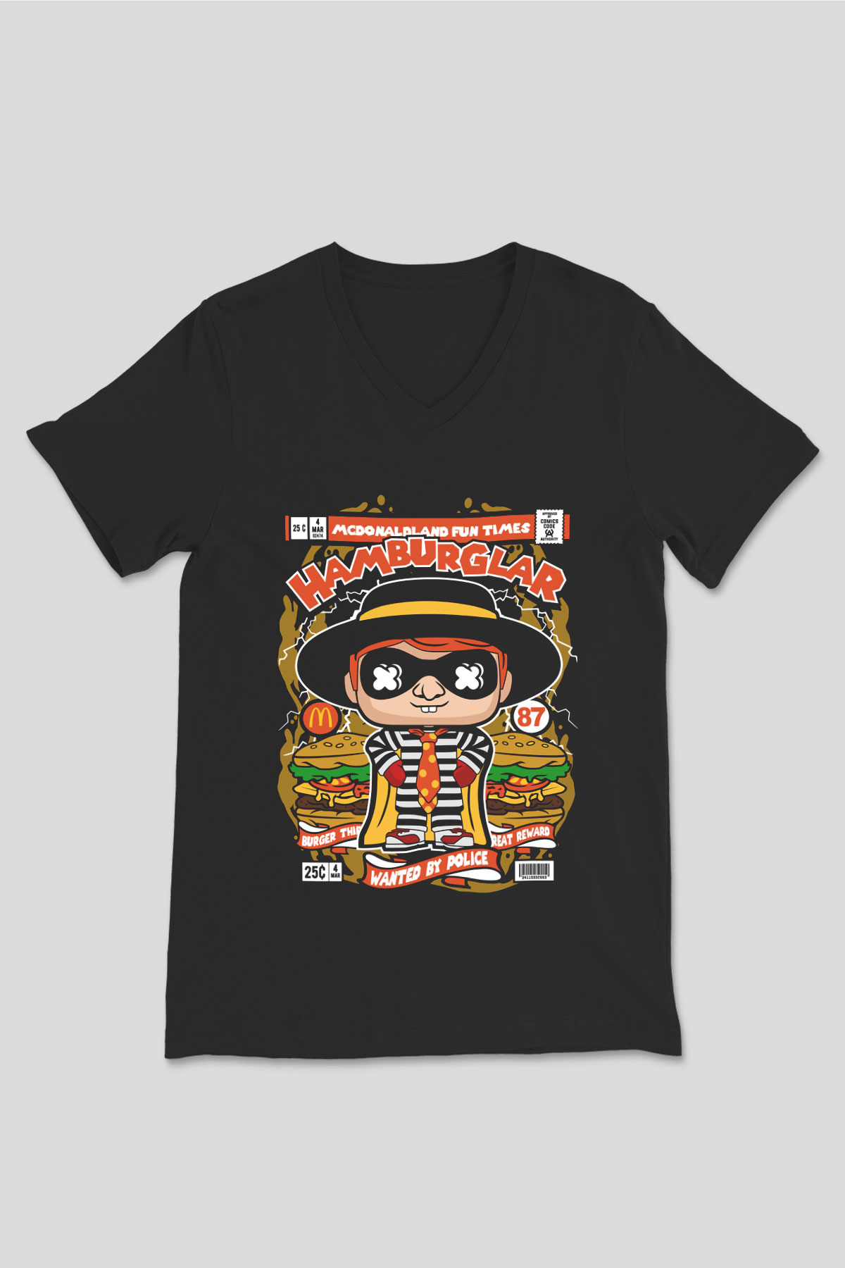 Hamburglar Baskılı Unisex Siyah V Yaka Tişört