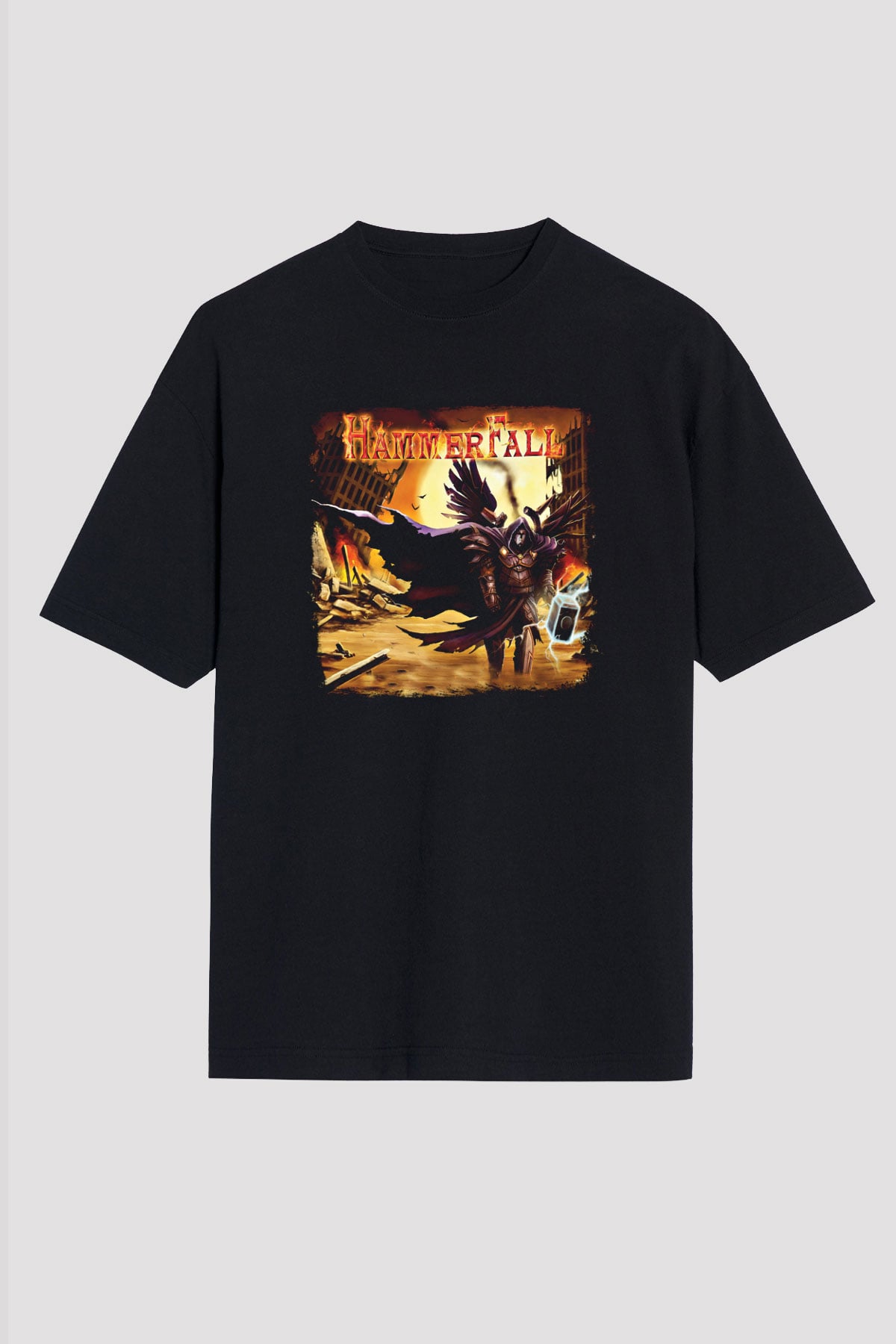 HammerFall Baskılı Unisex Siyah Oversize Tişört