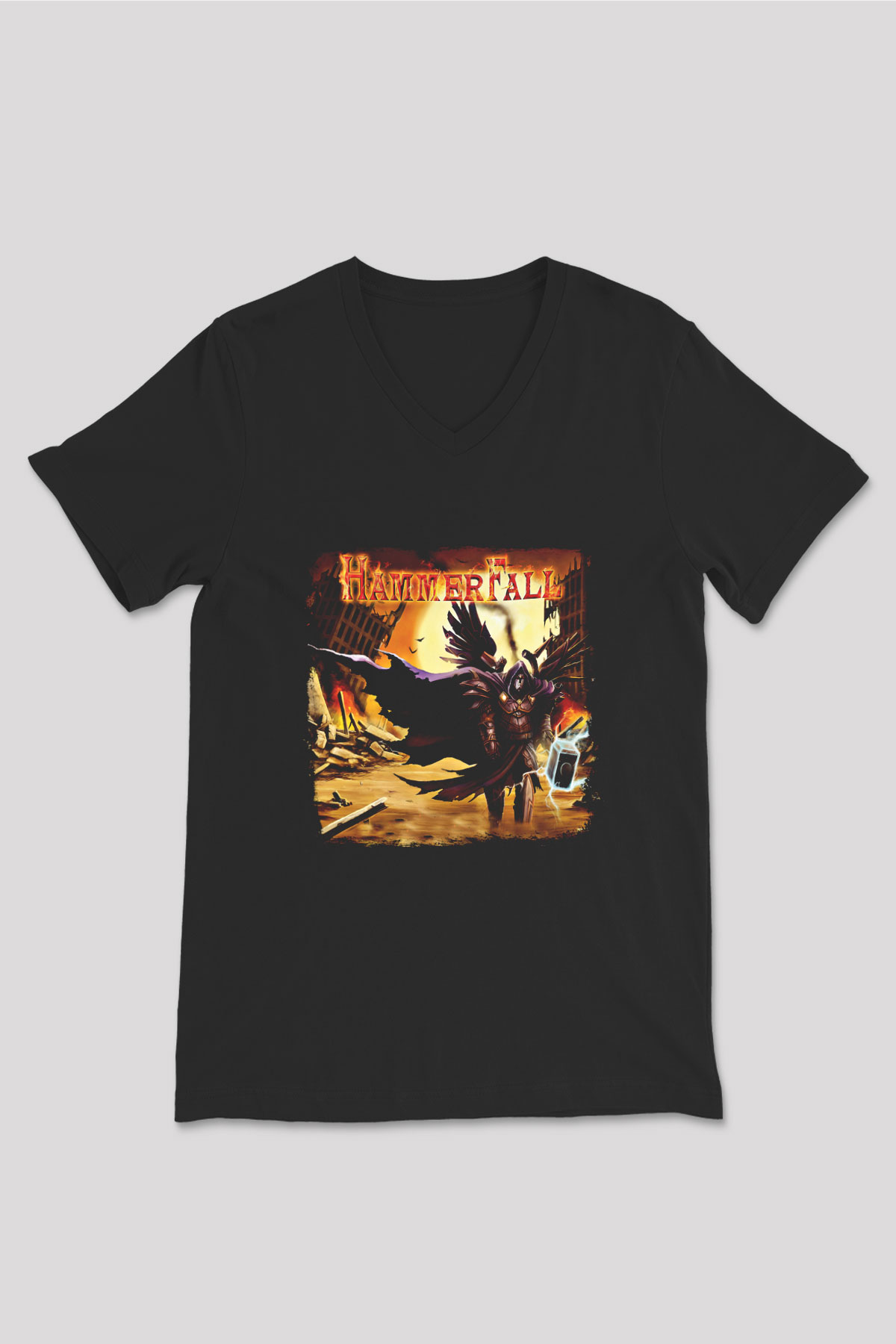 HammerFall Baskılı Unisex Siyah V Yaka Tişört