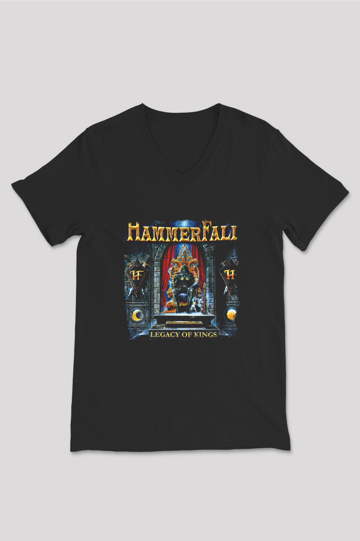 HammerFall Baskılı Unisex Siyah V Yaka Tişört