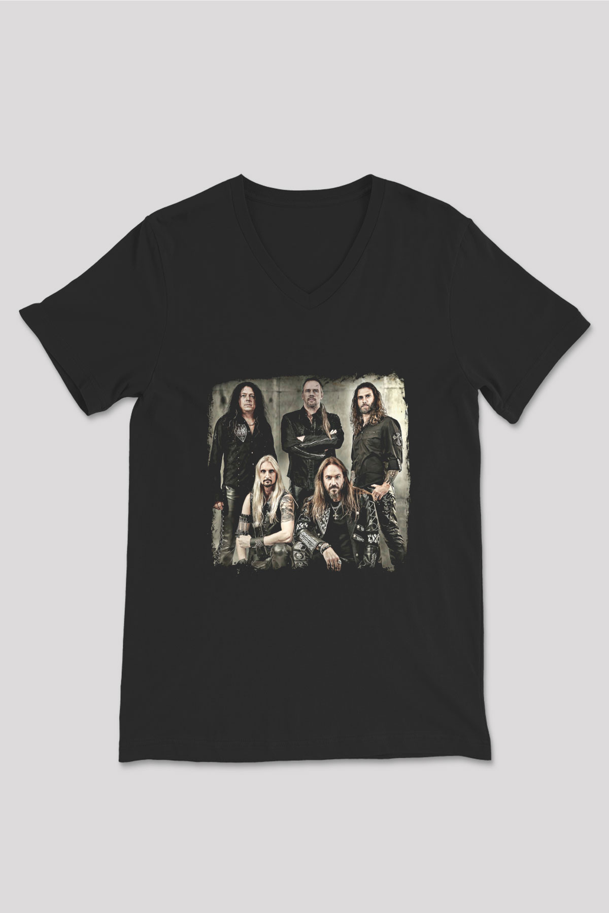 HammerFall Baskılı Unisex Siyah V Yaka Tişört