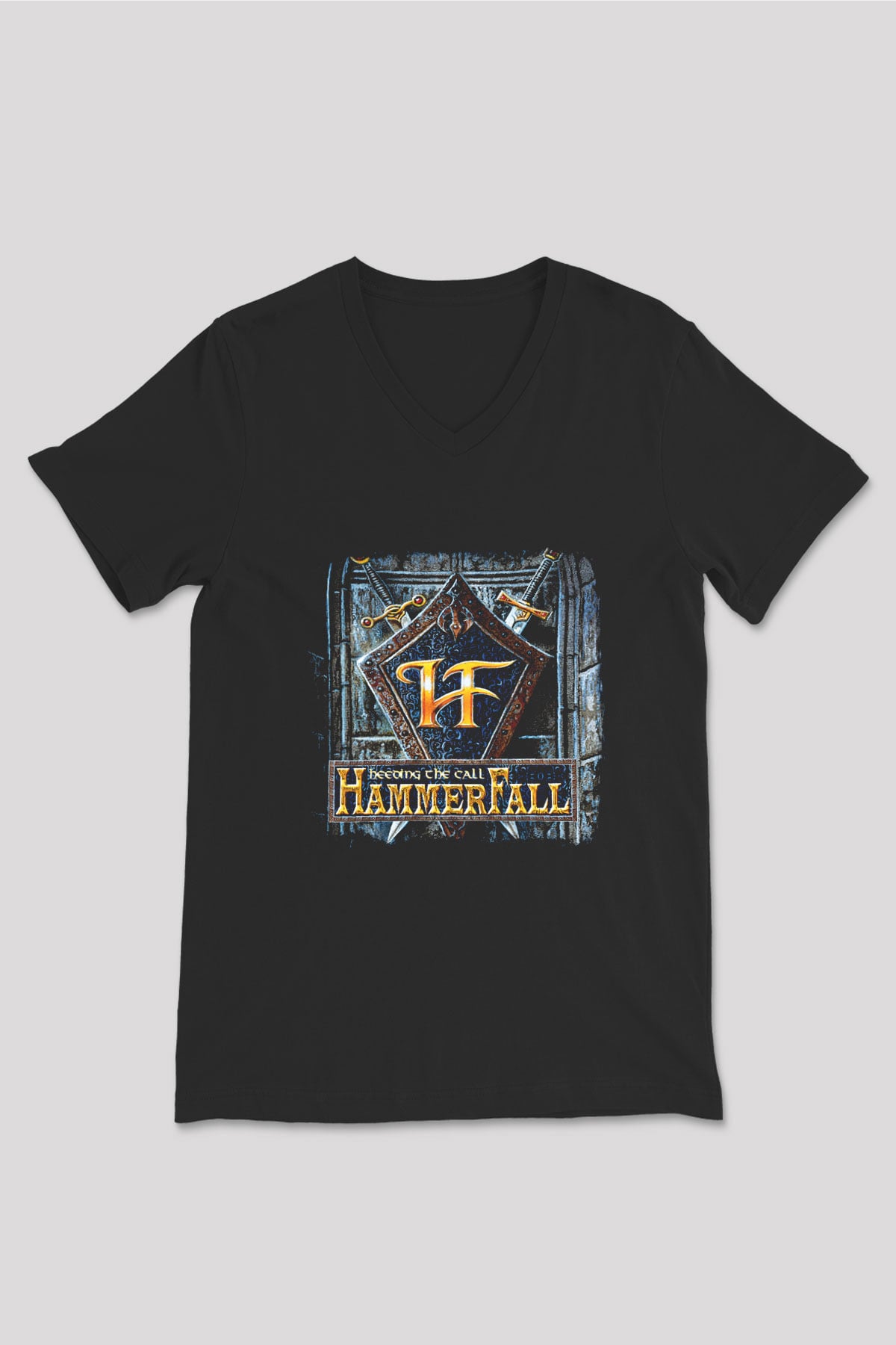 HammerFall Baskılı Unisex Siyah V Yaka Tişört