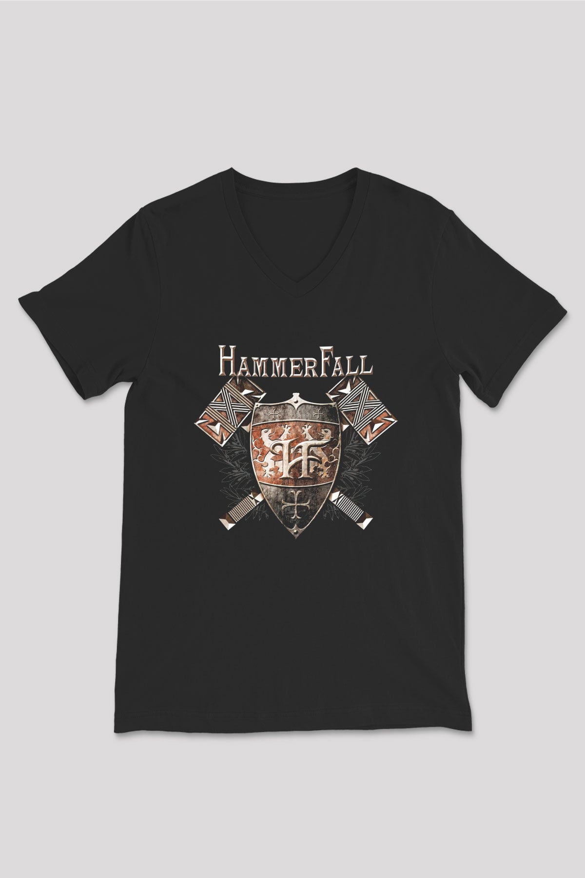 HammerFall Siyah Unisex V Yaka Tişört T-Shirt