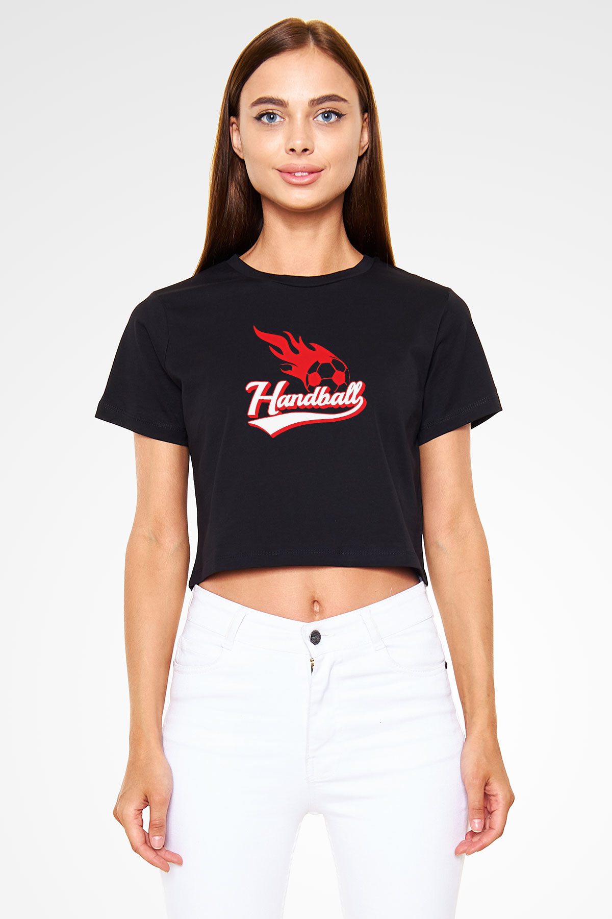 Handball Baskılı Crop Top Siyah Kadın Tişört - Tshirt