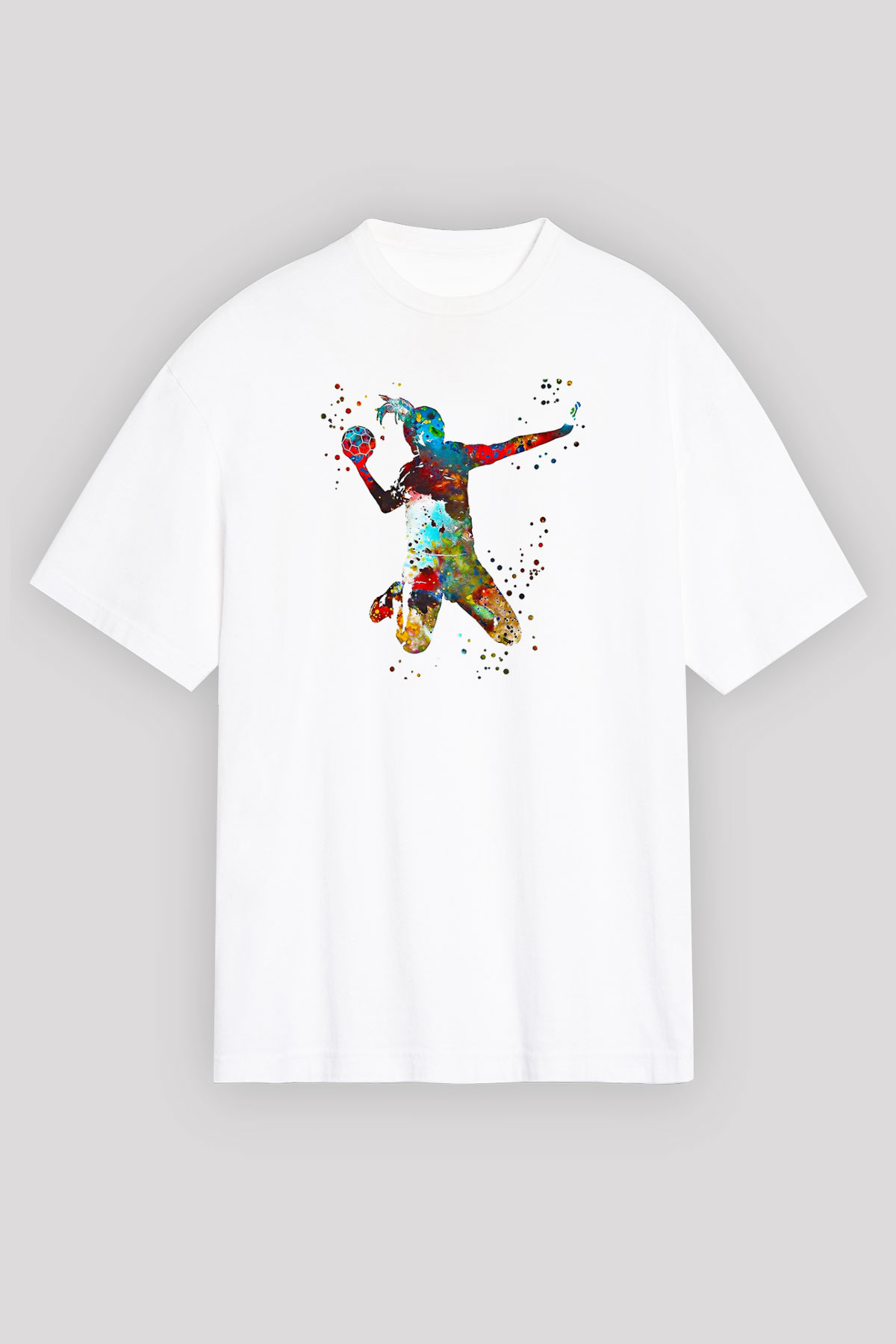 Handball Baskılı Unisex Beyaz Oversize Tişört - Tshirt