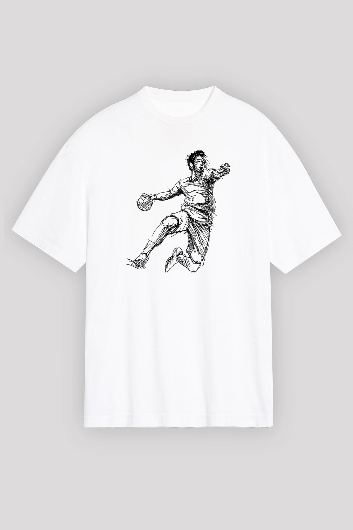 Handball Baskılı Unisex Beyaz Oversize Tişört - Tshirt