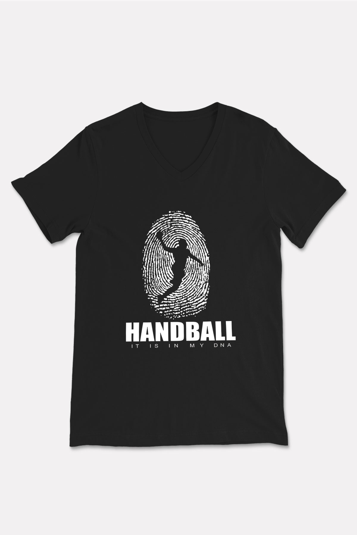 Handball Baskılı Unisex Siyah V Yaka Tişört