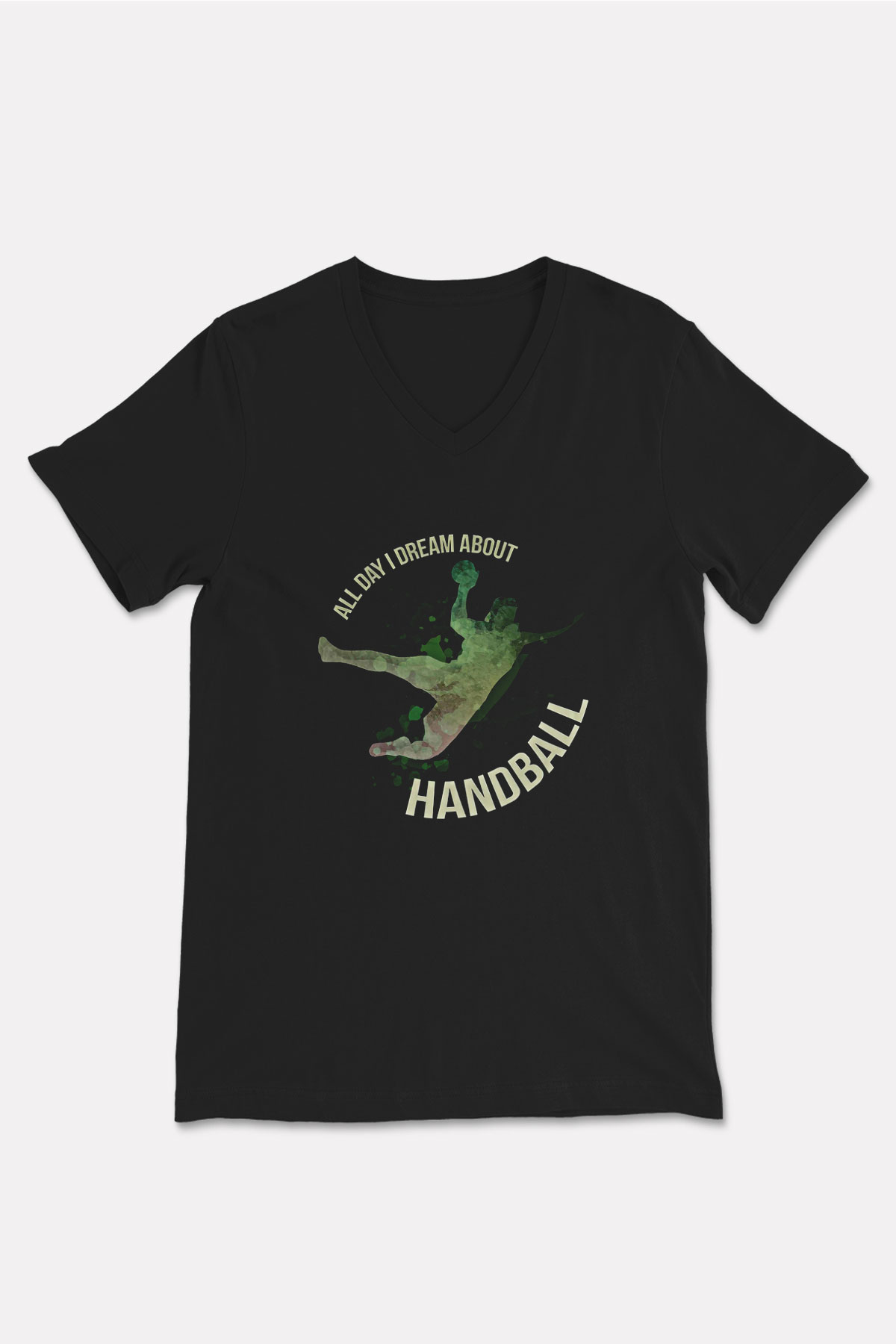Handball Baskılı Unisex Siyah V Yaka Tişört