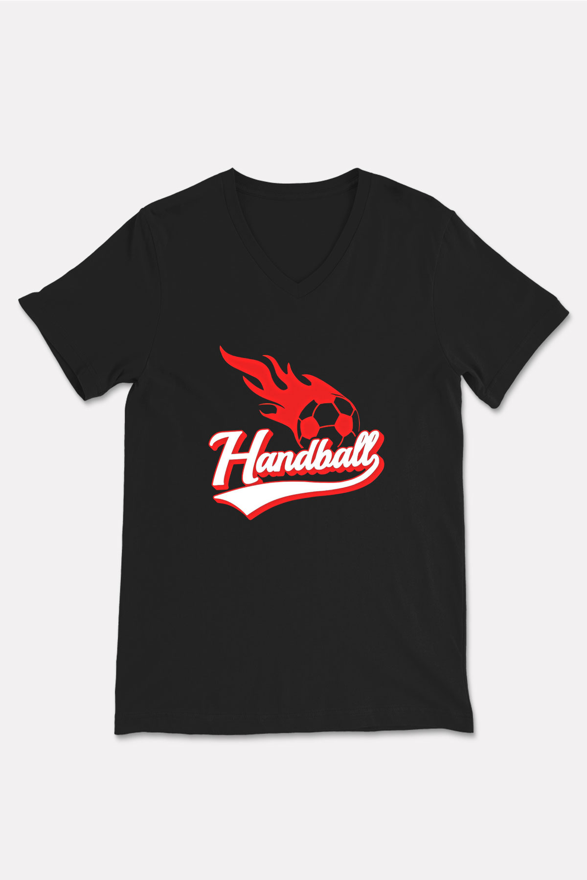 Handball Baskılı Unisex Siyah V Yaka Tişört