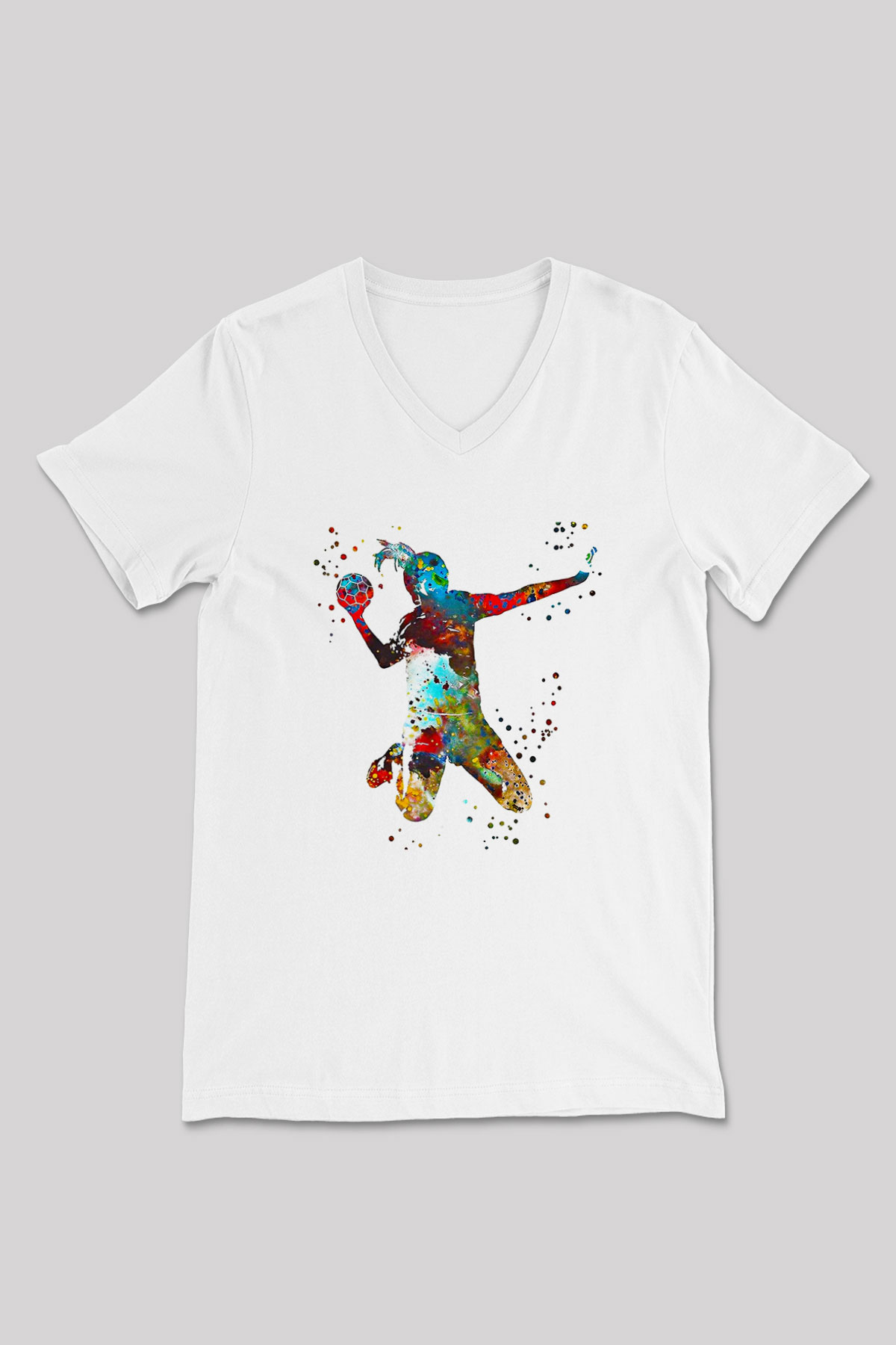 Handball Baskılı Unisex V Yaka Tişört - Tshirt