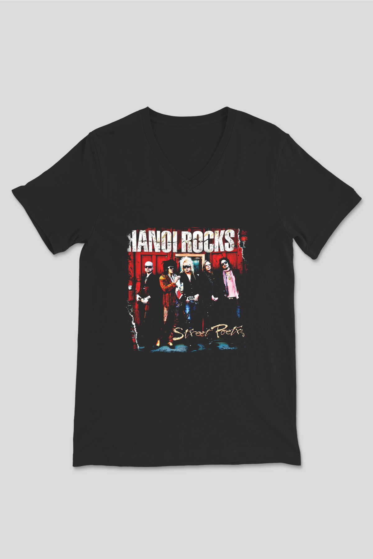 Hanoi Rocks Baskılı Unisex Siyah V Yaka Tişört
