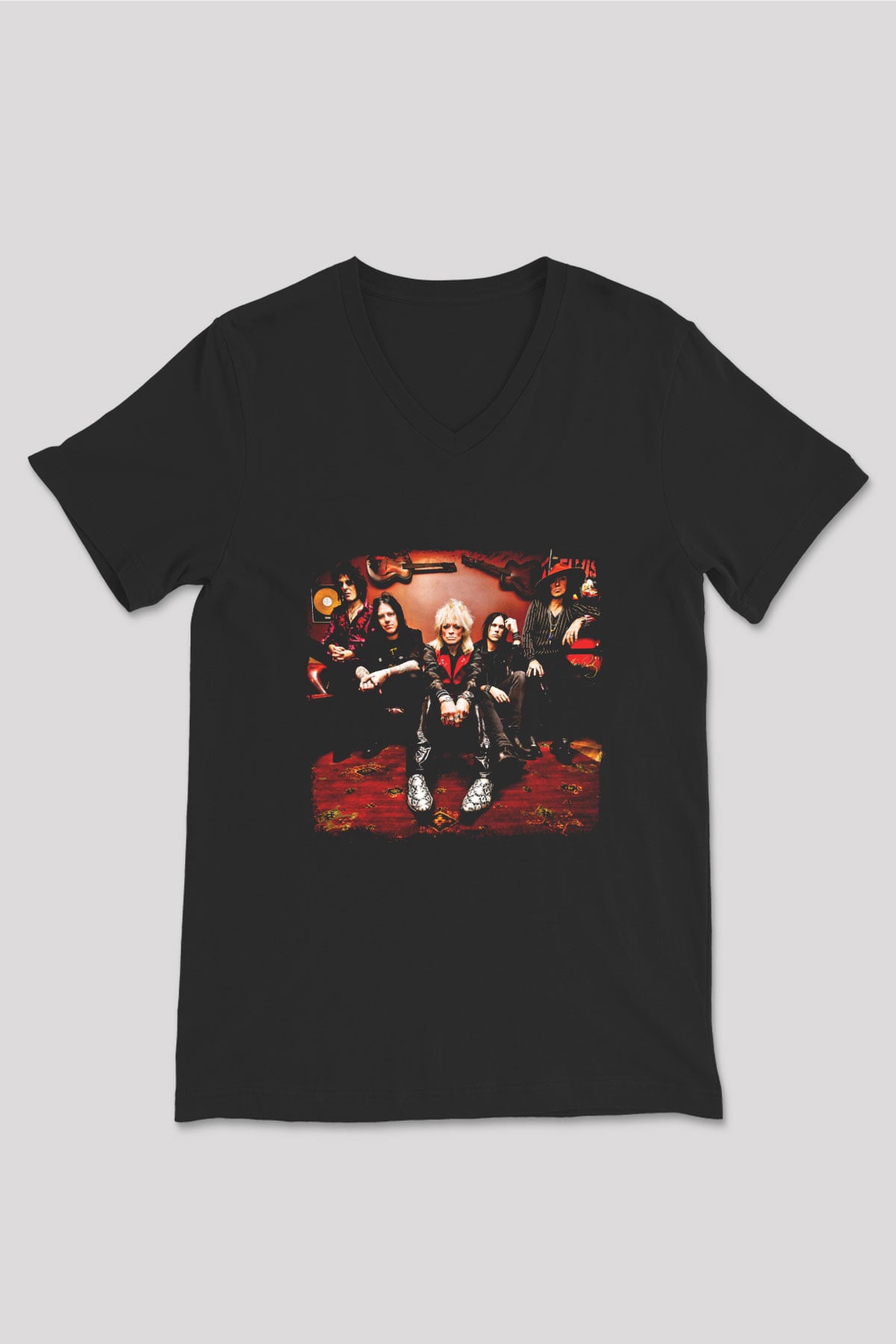Hanoi Rocks Baskılı Unisex Siyah V Yaka Tişört