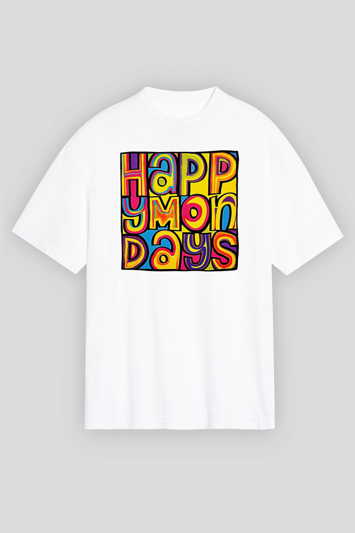 Happy Mondays Baskılı Beyaz Unisex Oversize Tişört - Tshirt