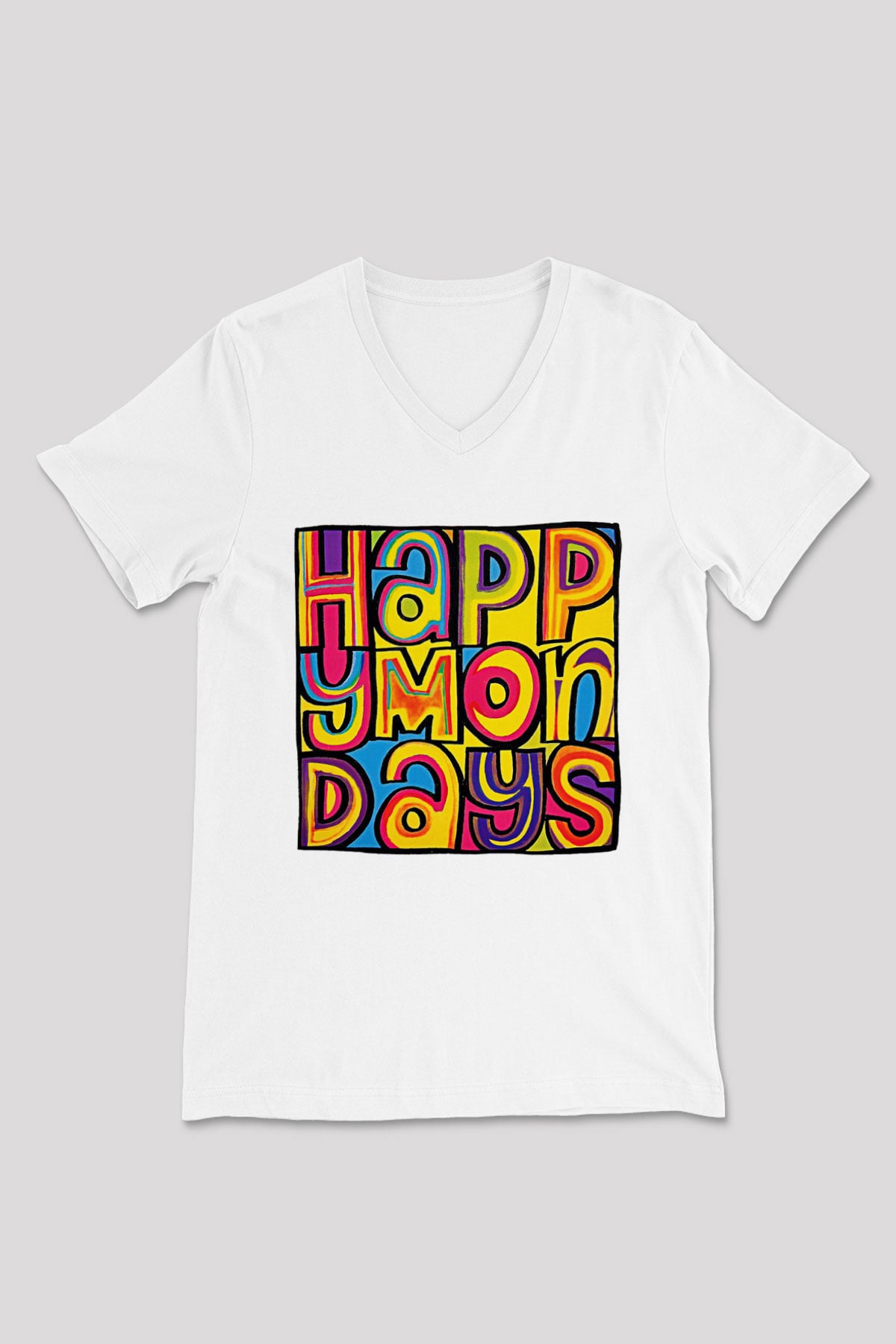 Happy Mondays Baskılı Beyaz Unisex V Yaka Tişört - Tshirt