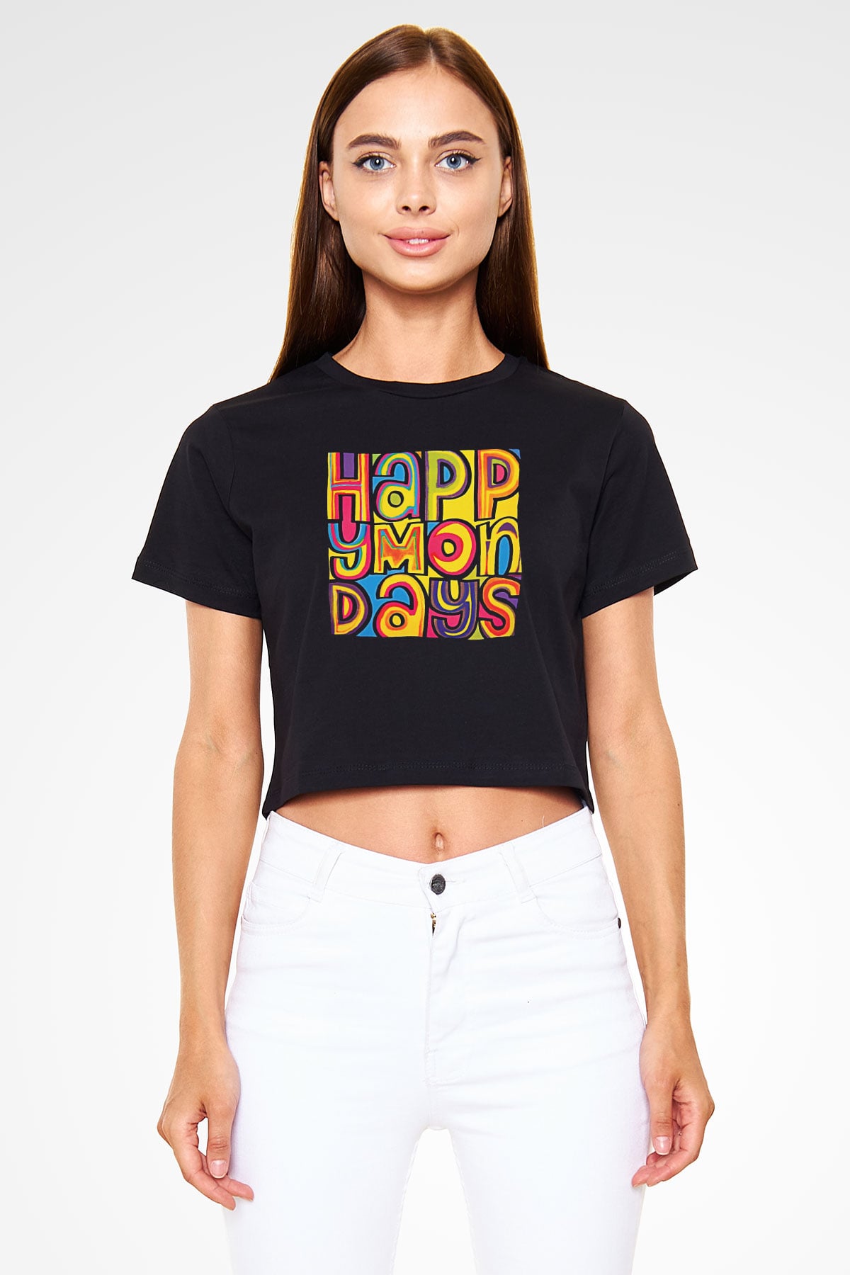Happy Mondays Baskılı Siyah Crop Top Kadın Tişört - Tshirt